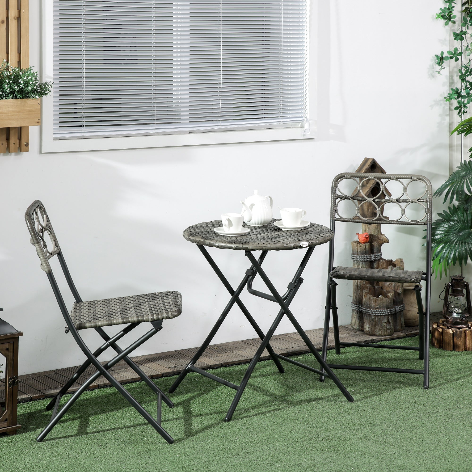 3 Piece Folding Rattan Bistro Set with Hand Woven Table and Chairs Grey