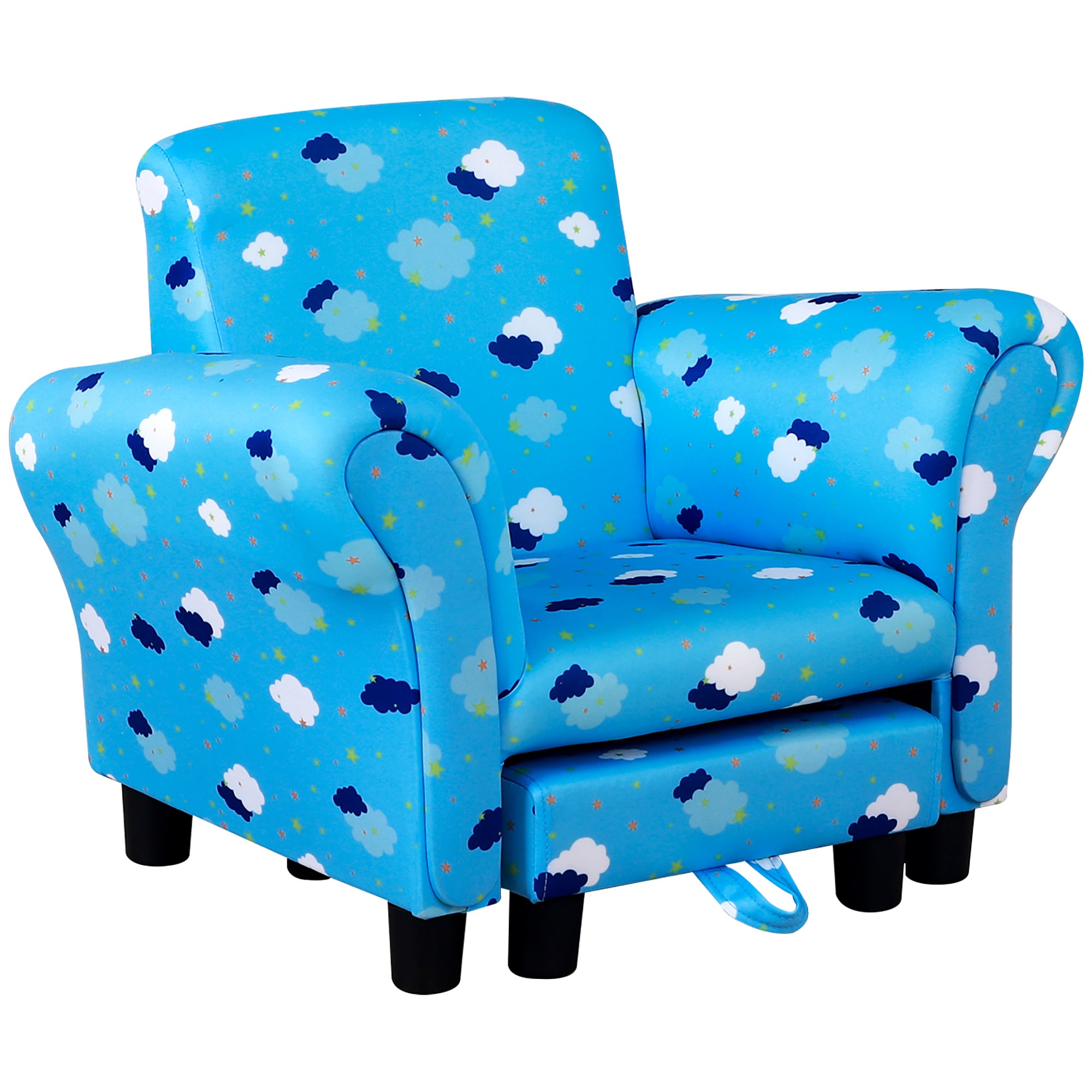 Childrens Mini Sofa with Footrest and Wood Frame - Blue Cloud Design
