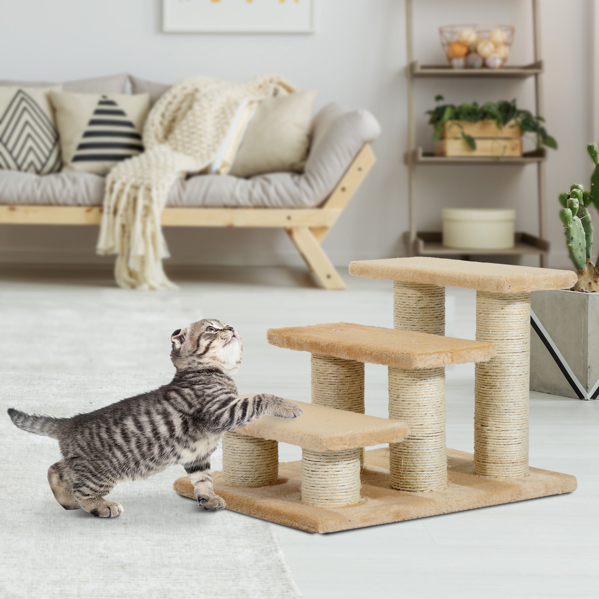 3-Step Pet Climber Ladder with Plush Surface for Cats and Dogs - Cream