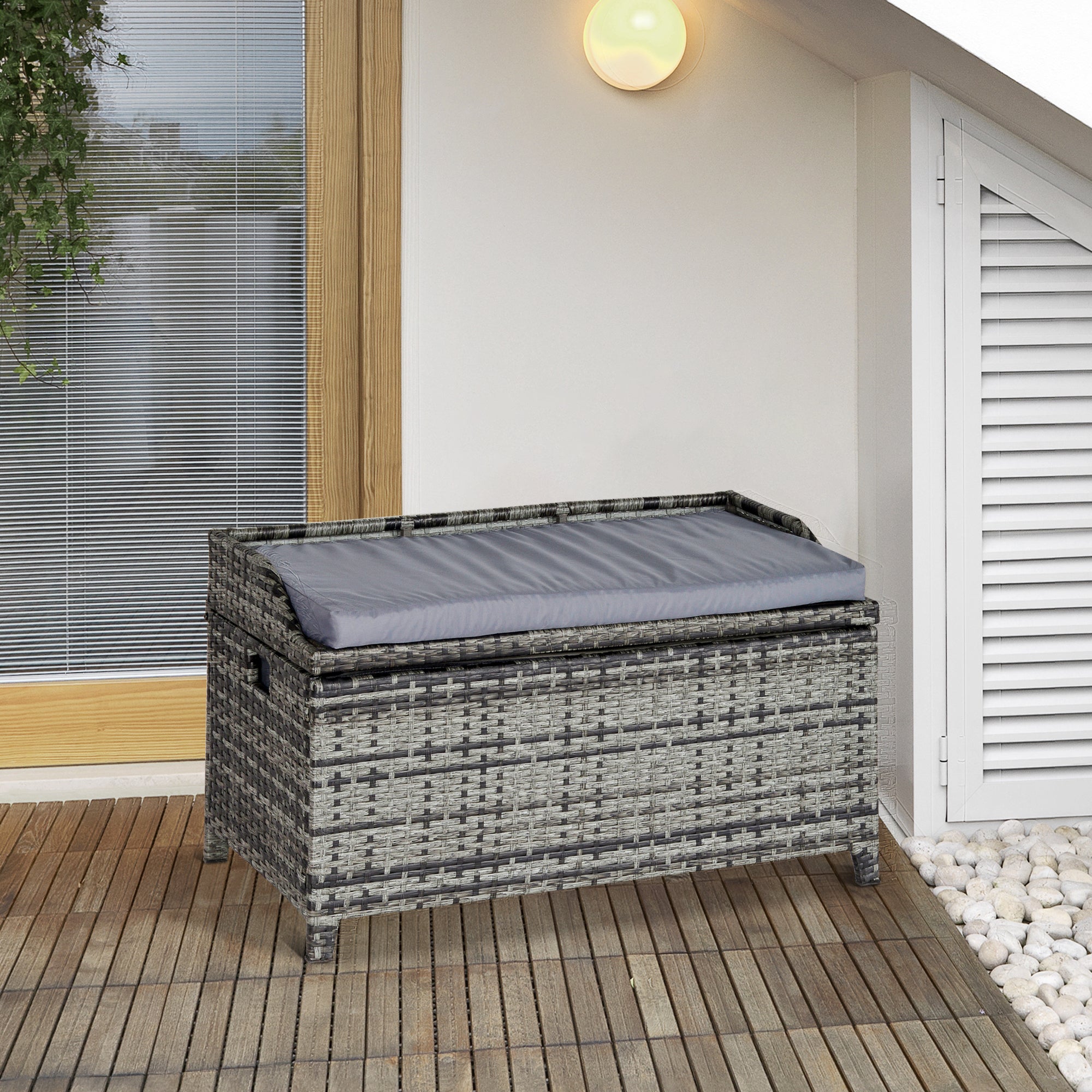 Patio PE Rattan Wicker Storage Bench with Cushion 2-Seater - Mixed Grey