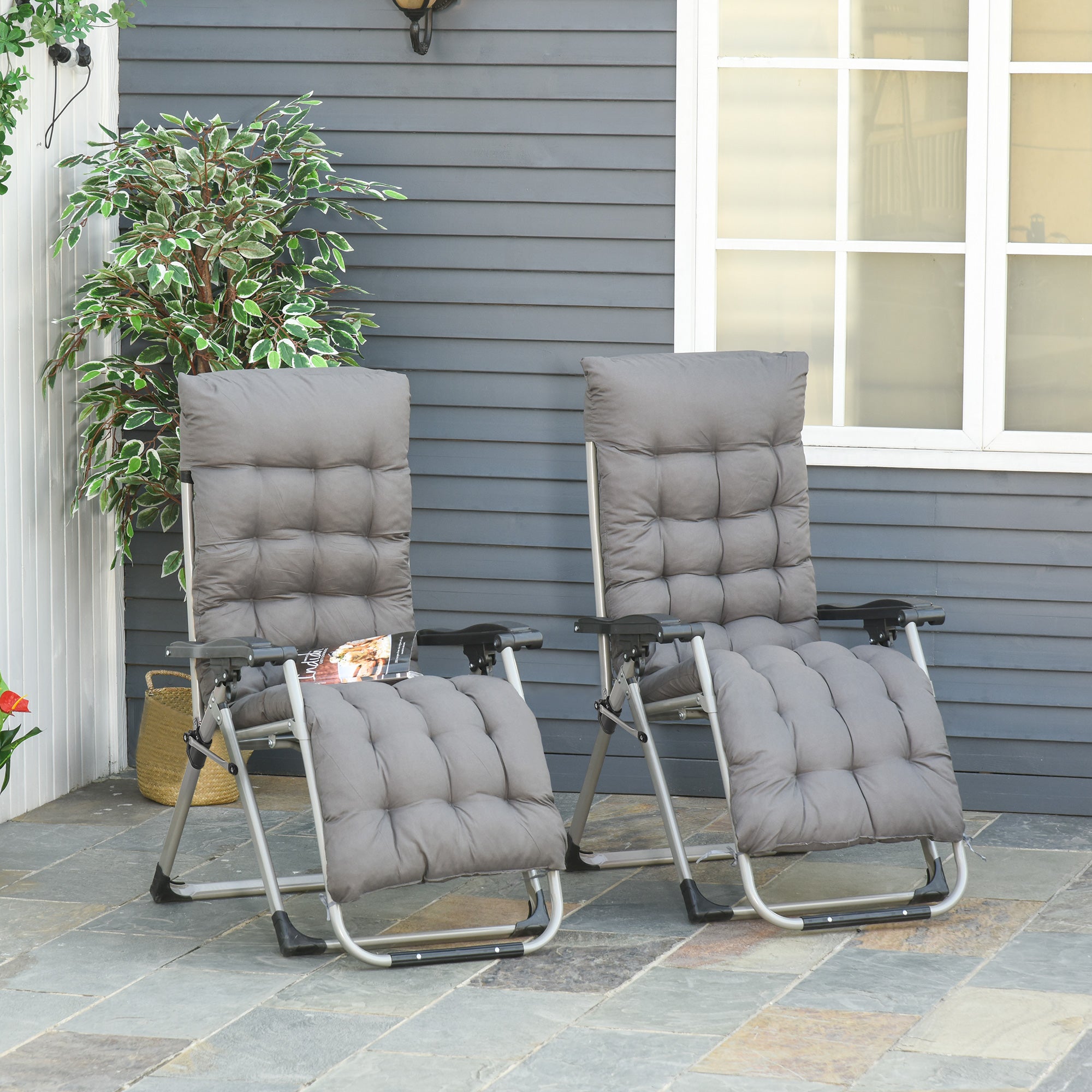 2 Piece Reclining Zero Gravity Garden Chairs with Cushions - Dark Grey