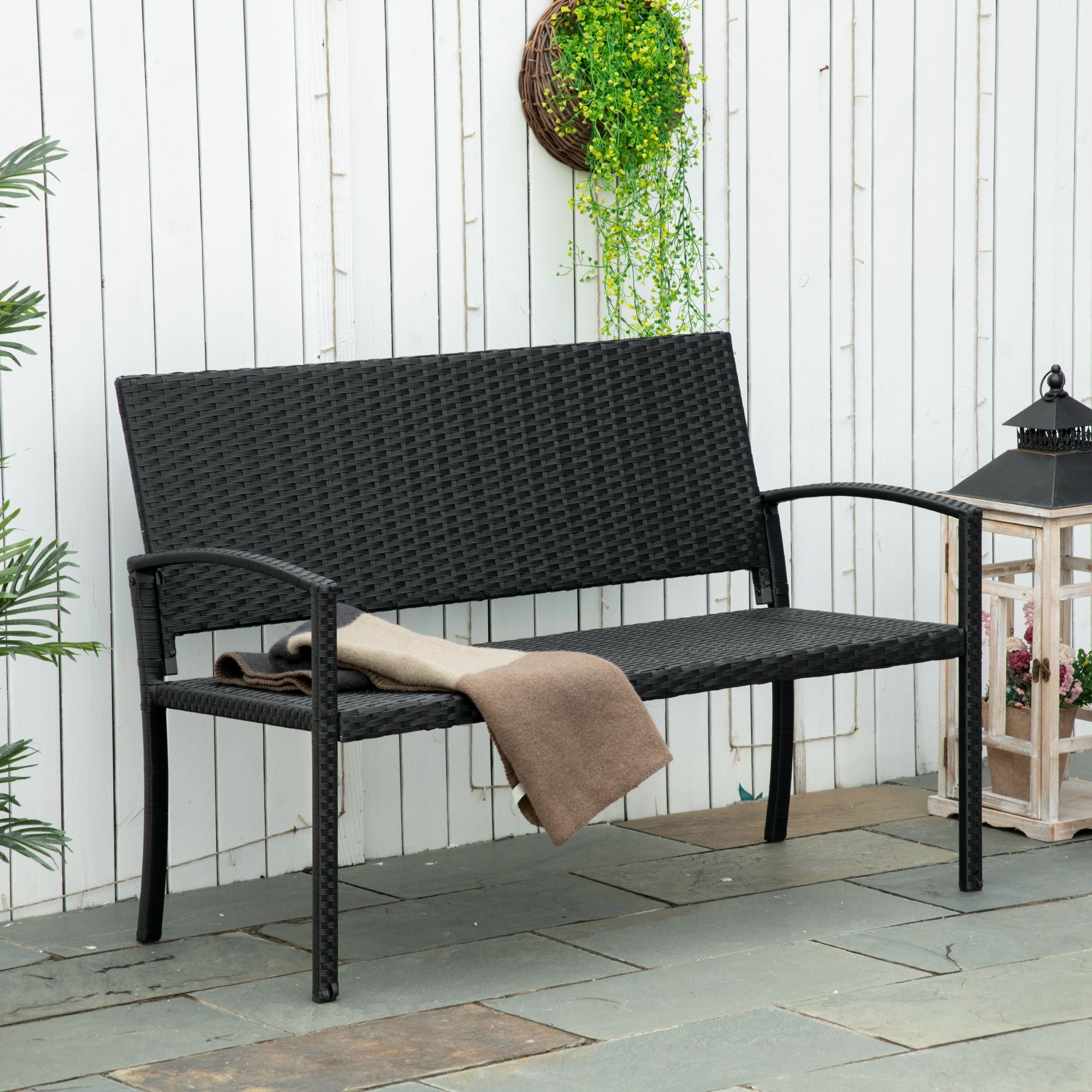2 Seater Rattan Loveseat with Rust-Resistant Metal Frame - Black