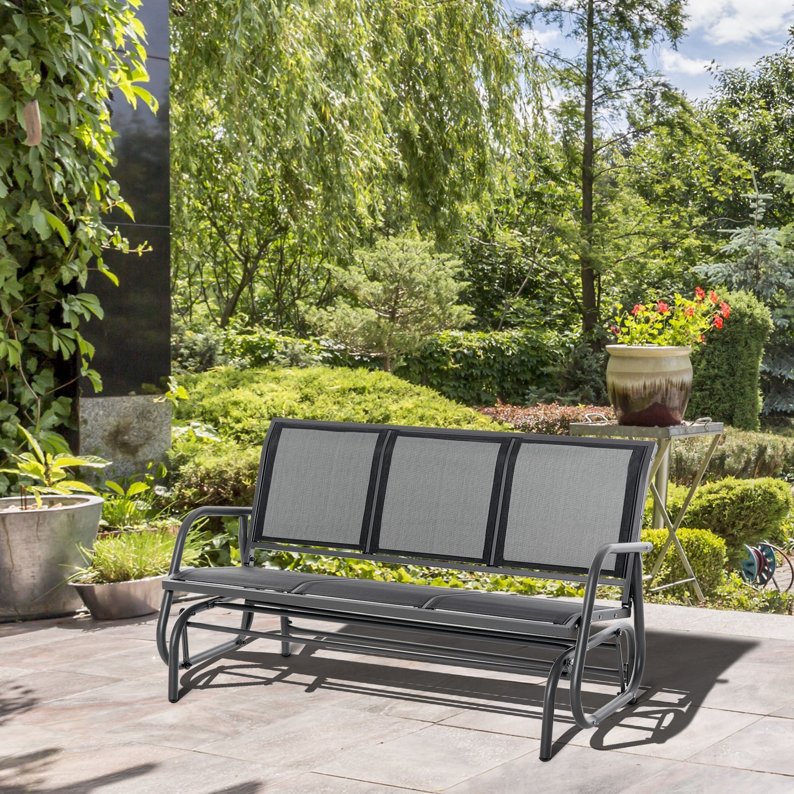 3-Seat Metal Frame Glider Rocking Chair Garden Bench Patio Furniture - Black