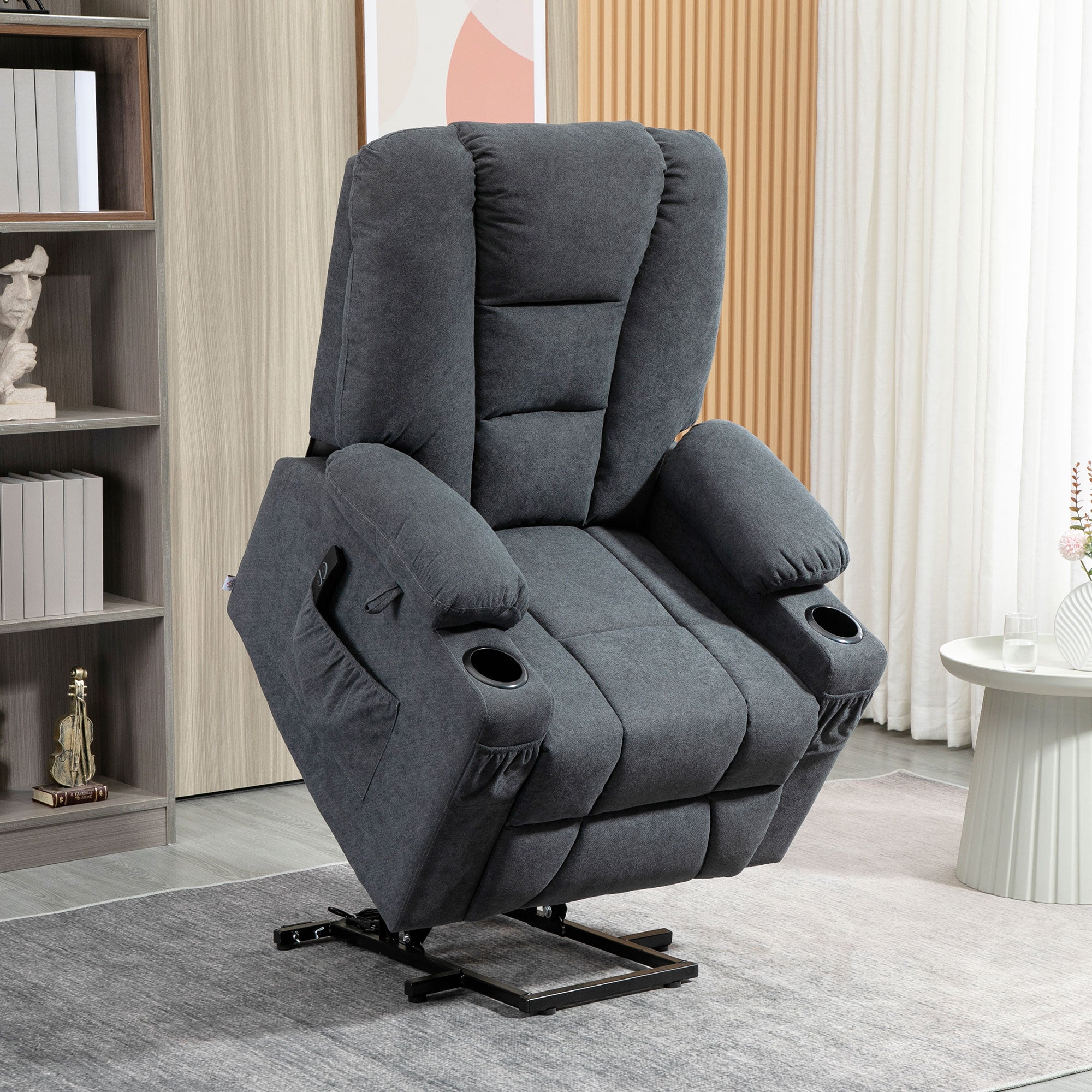 Oversized Power Lift Riser Recliner Chair with Cup Holders – Charcoal Grey Fabric