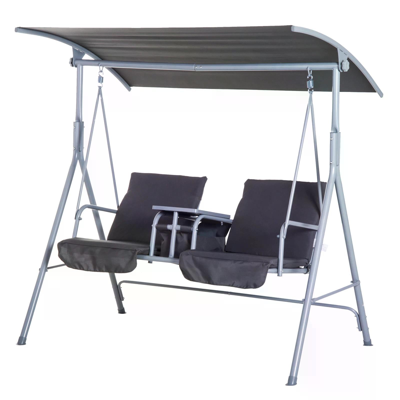 Steel Frame 2-Seater Swing Chair with Table - Grey