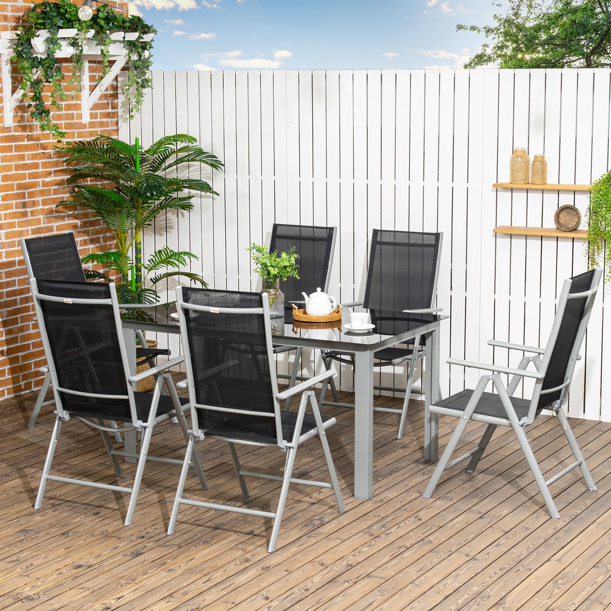 7 Piece Aluminium Garden Dining Set with Reclining Chairs - Black