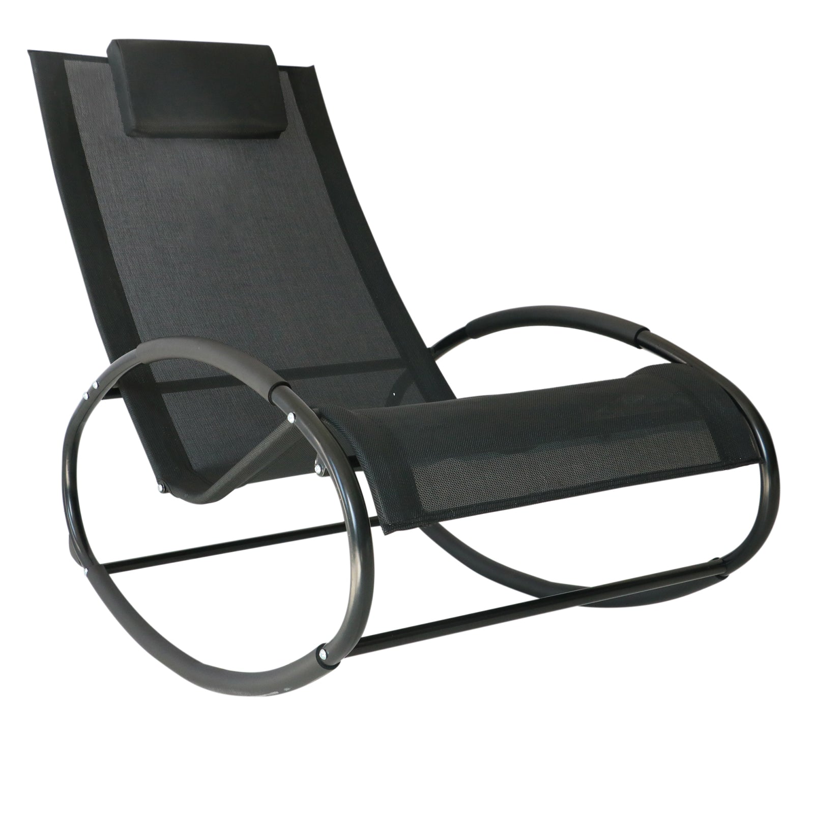 Orbital Rocking Chair Sun Lounger Recliner with Pillow Texteline Patio Garden - Black