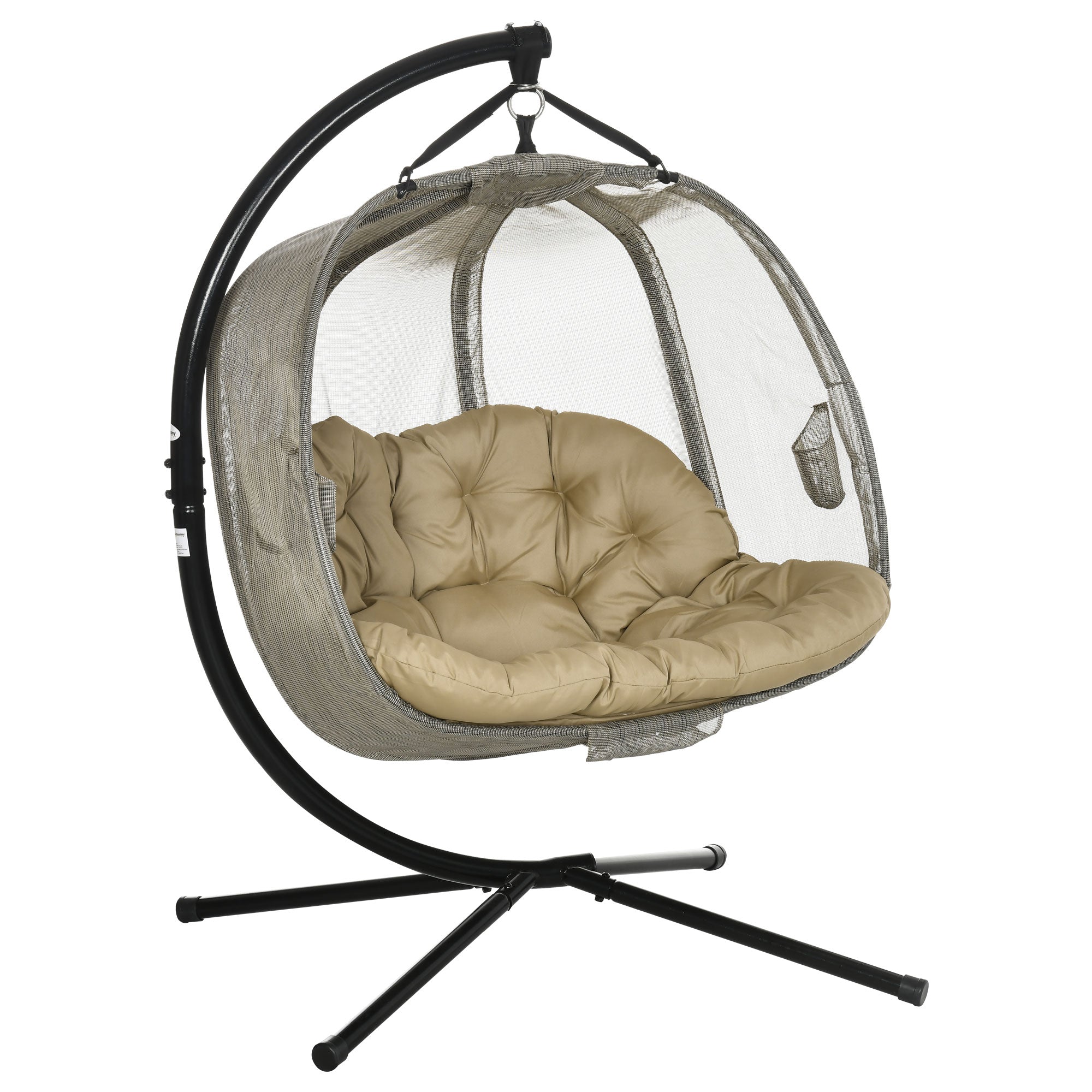 Double Hanging Egg Chair 2-Seater Swing Hammock with Stand, Cushion & Folding Design - Brown