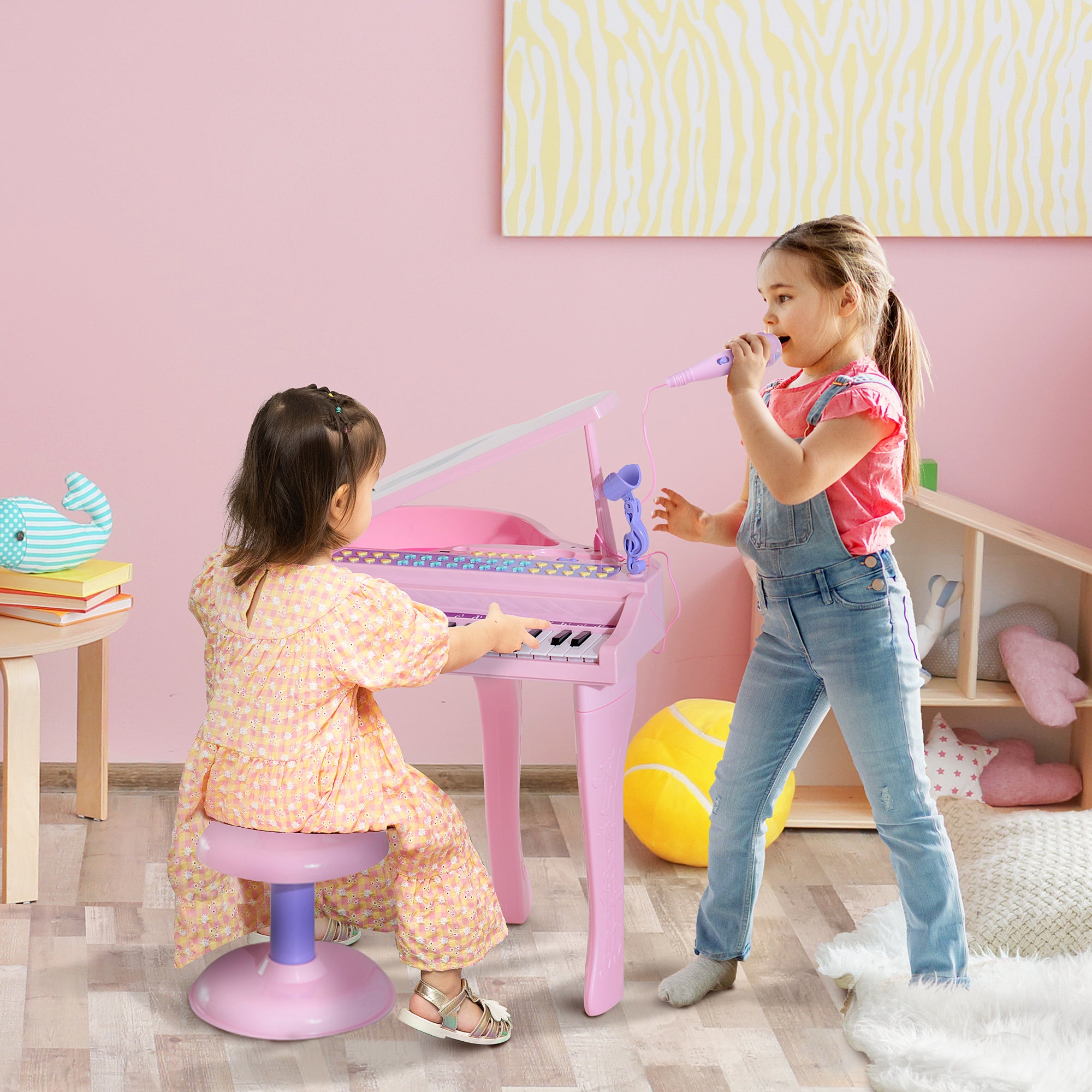 Mini Electronic Piano with Stool and Microphone - Pink