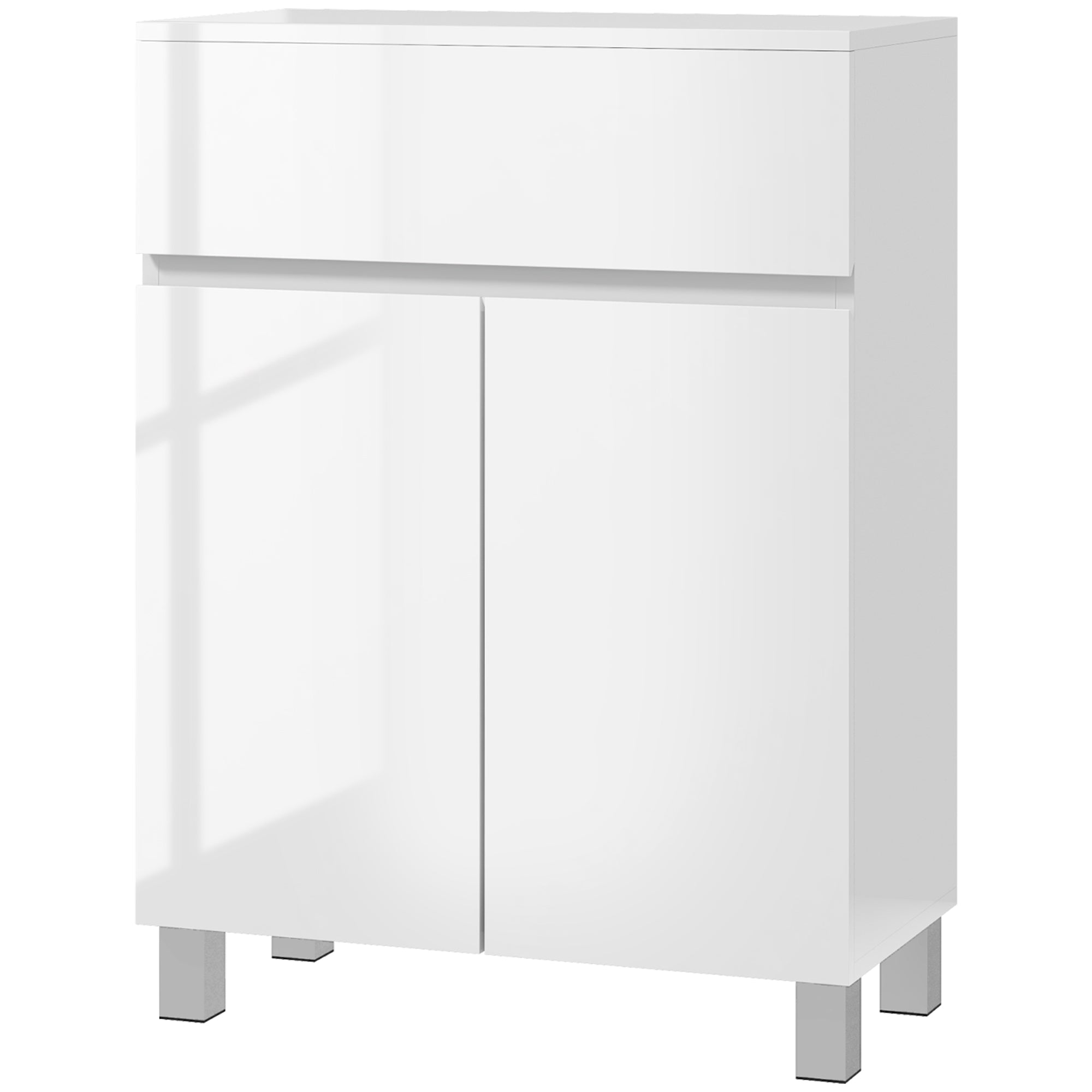 High Gloss Freestanding Bathroom Cabinet with Drawer and Adjustable Shelf - White