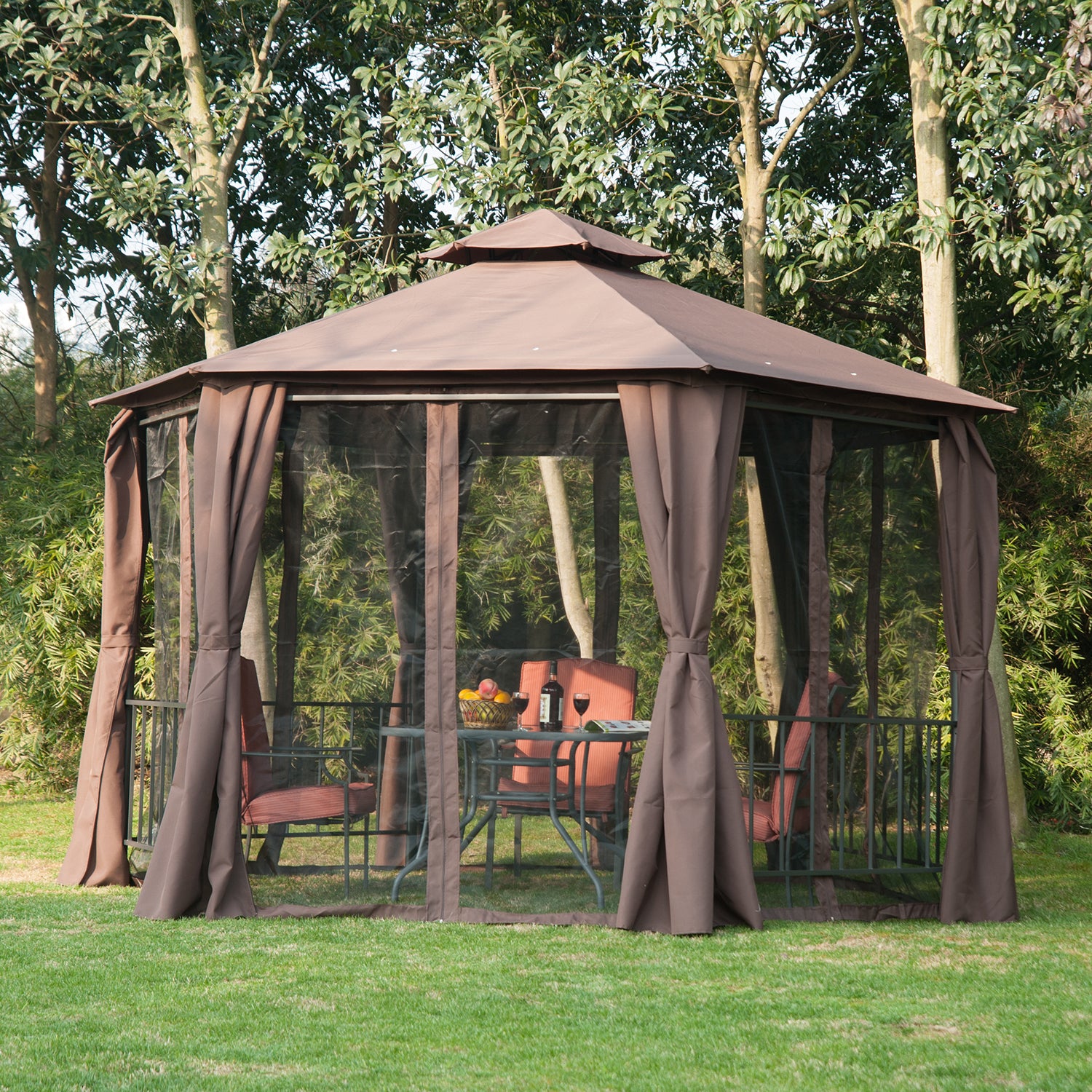 Hexagon Patio Gazebo Canopy with 2 Tier Roof and Side Panel - Brown