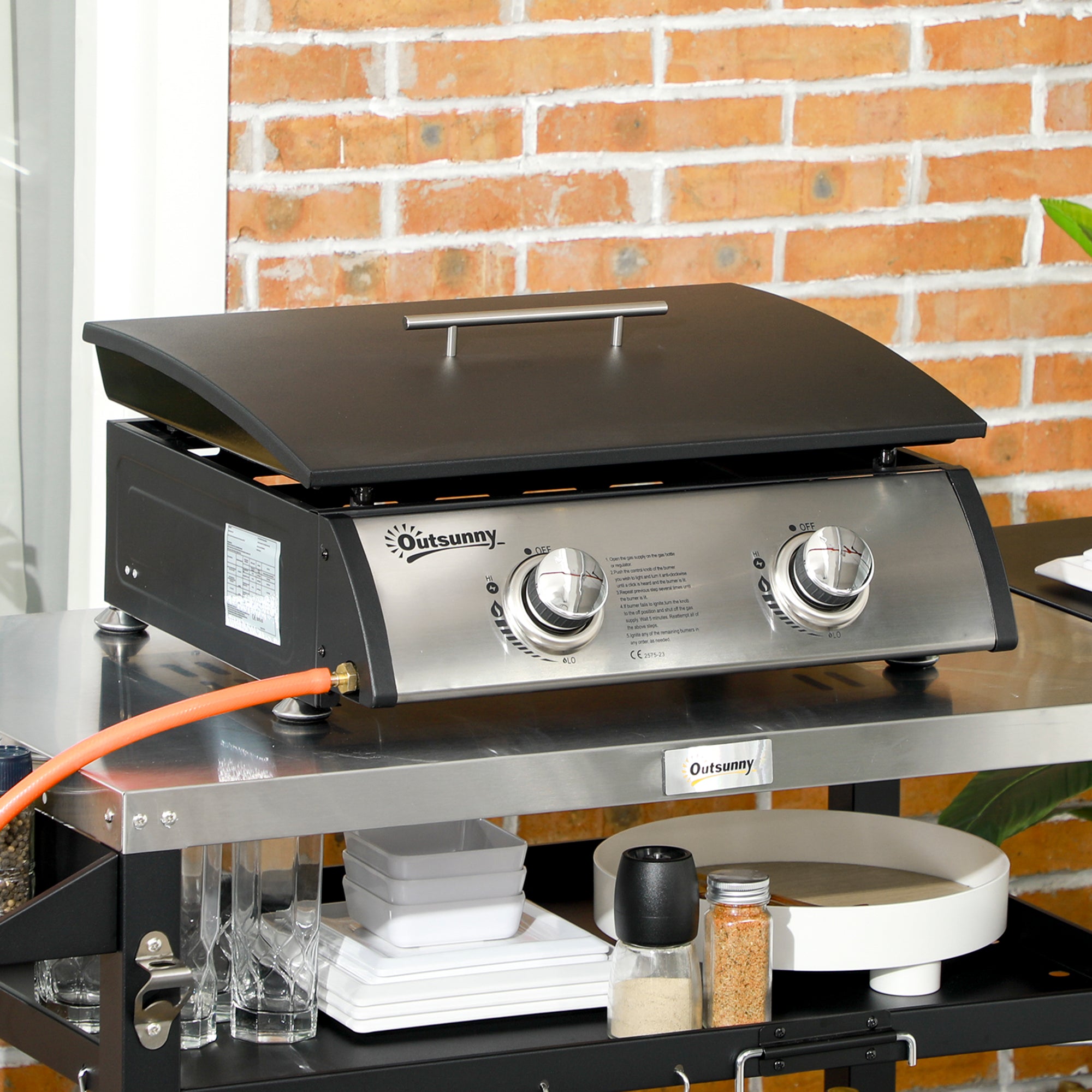 Portable Tabletop Gas Plancha Grill with Dual Burners and Non-Stick Enamel Plate - Black