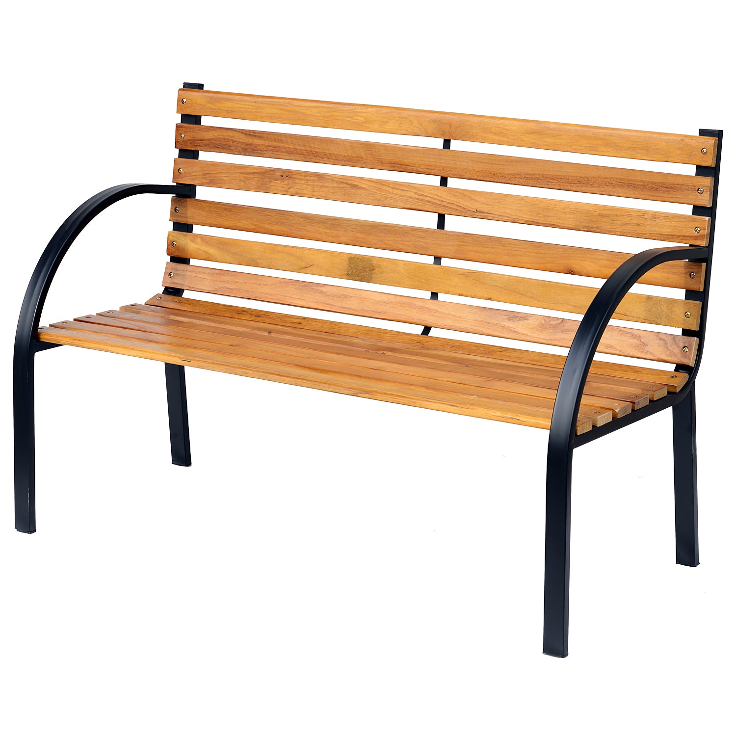 Wooden 2-Seater Garden Park Bench with Metal Frame - Black/Natural Wood