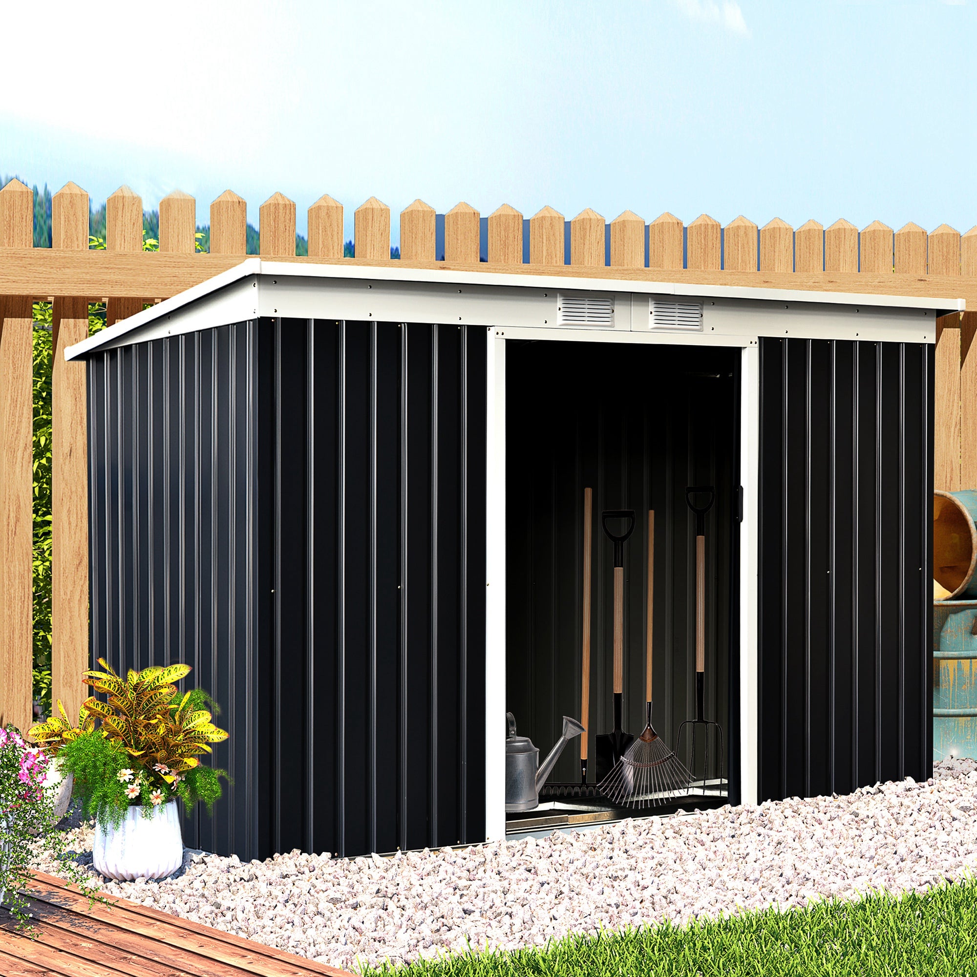 9 x 4 ft Metal Garden Storage Shed with Corrugated Steel Roof Dark Grey