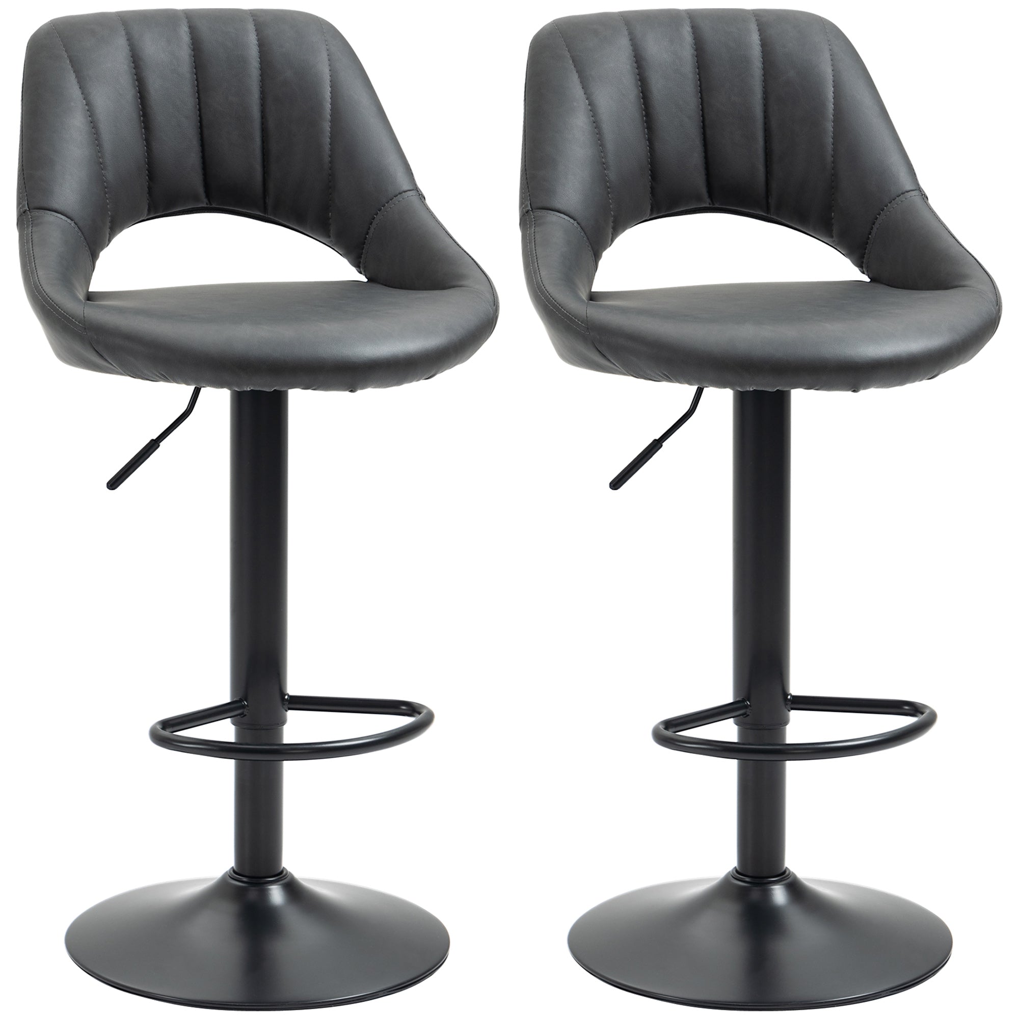 Set of 2 Adjustable Swivel Gas Lift Barstools with Footrest - Grey PU Leather