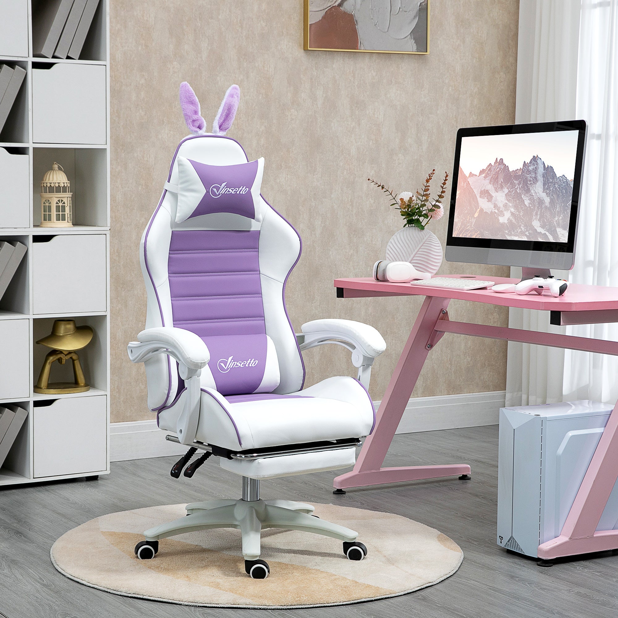 Racing Gaming Chair with Reclining PU Leather and Bunny Ears - Purple