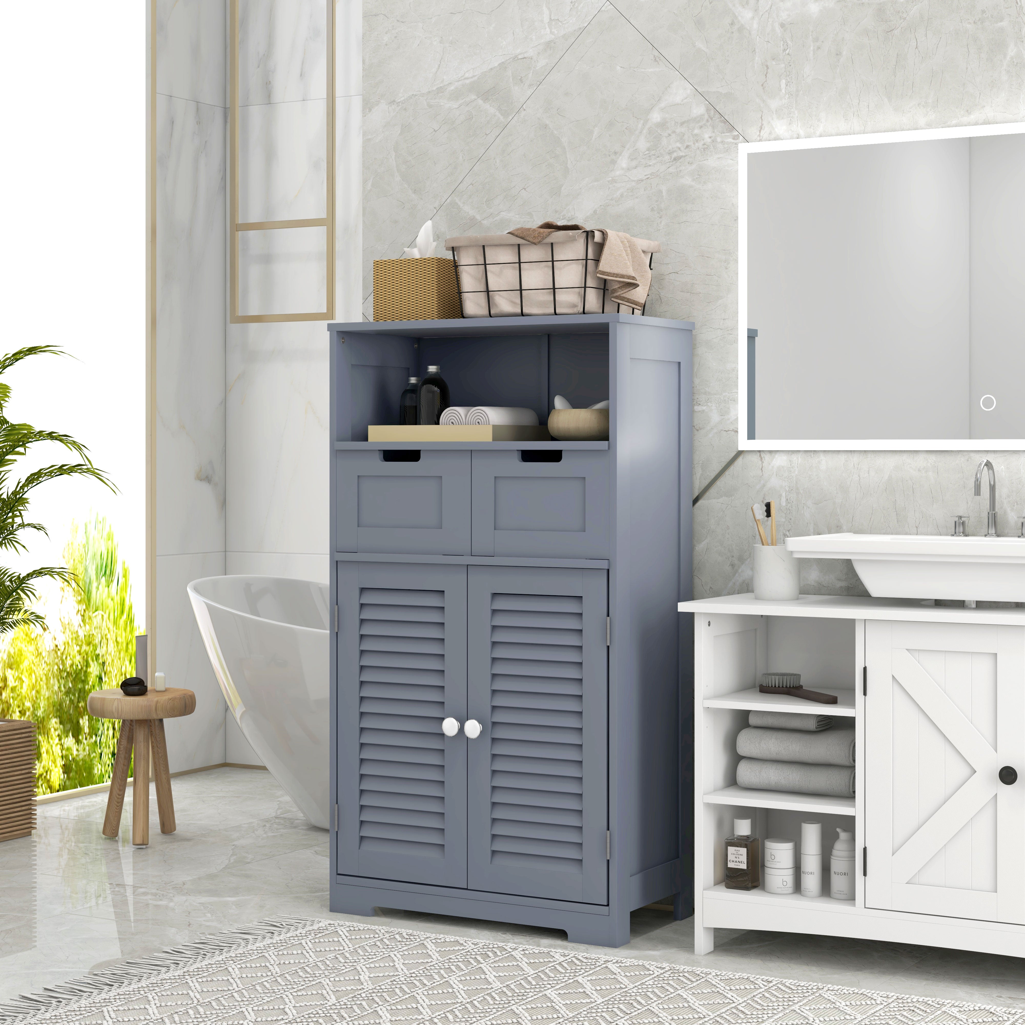 Freestanding Bathroom Storage Cabinet with Adjustable Shelf - Grey