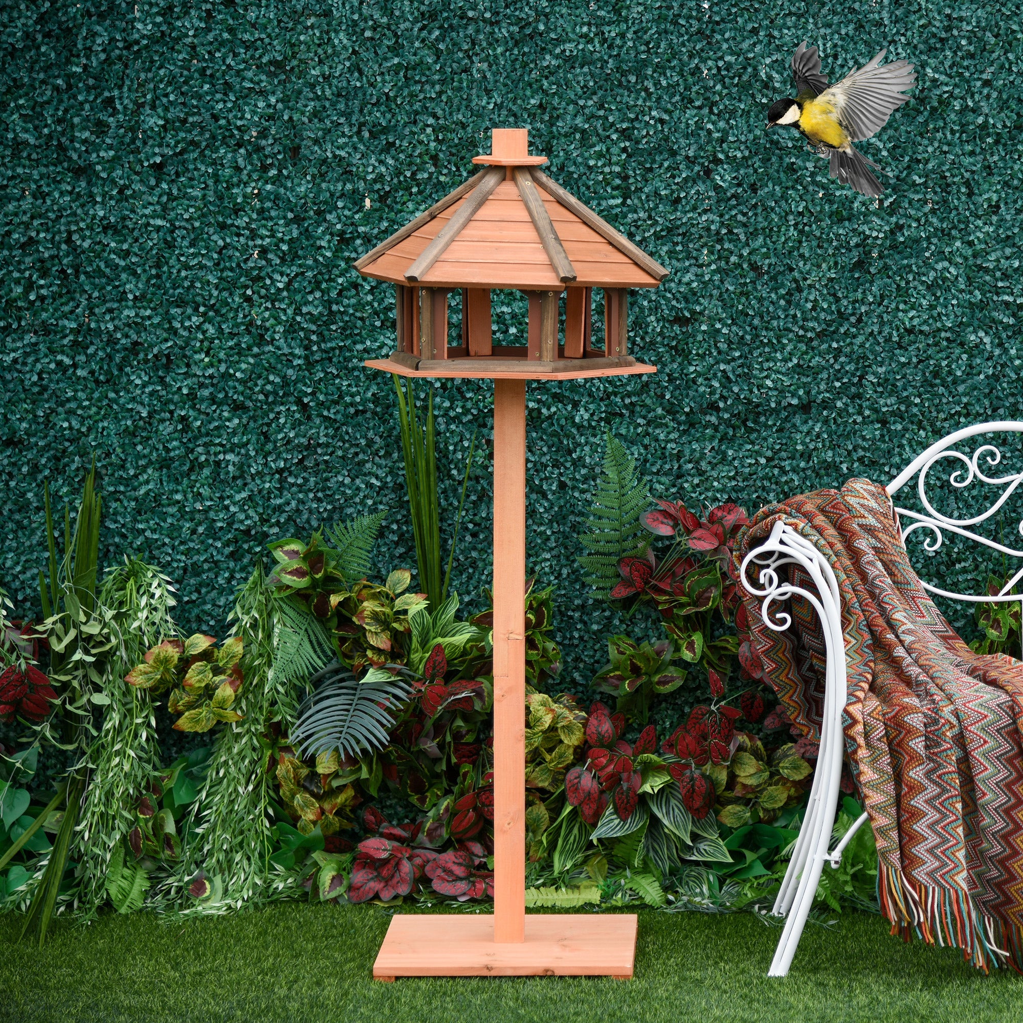 Wooden Bird Feeder Table with Water-Resistant Roof 130cm for Outdoor Use - Brown