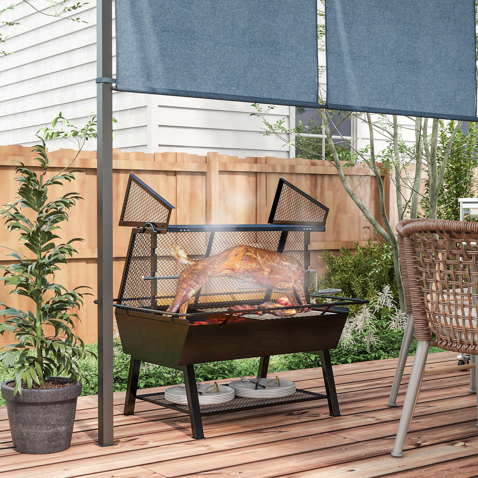 3-in-1 Charcoal Barbecue Grill and Fire Pit with Rotisserie - Black