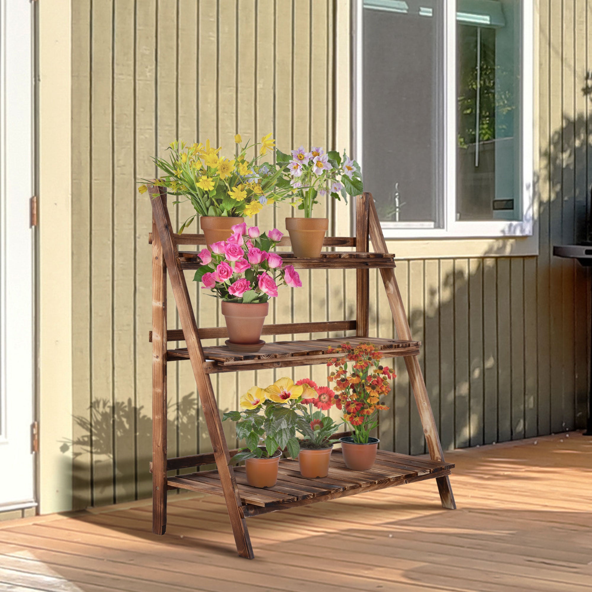 3 Tier Fir Wood Ladder Plant Display Stand - Natural Wood