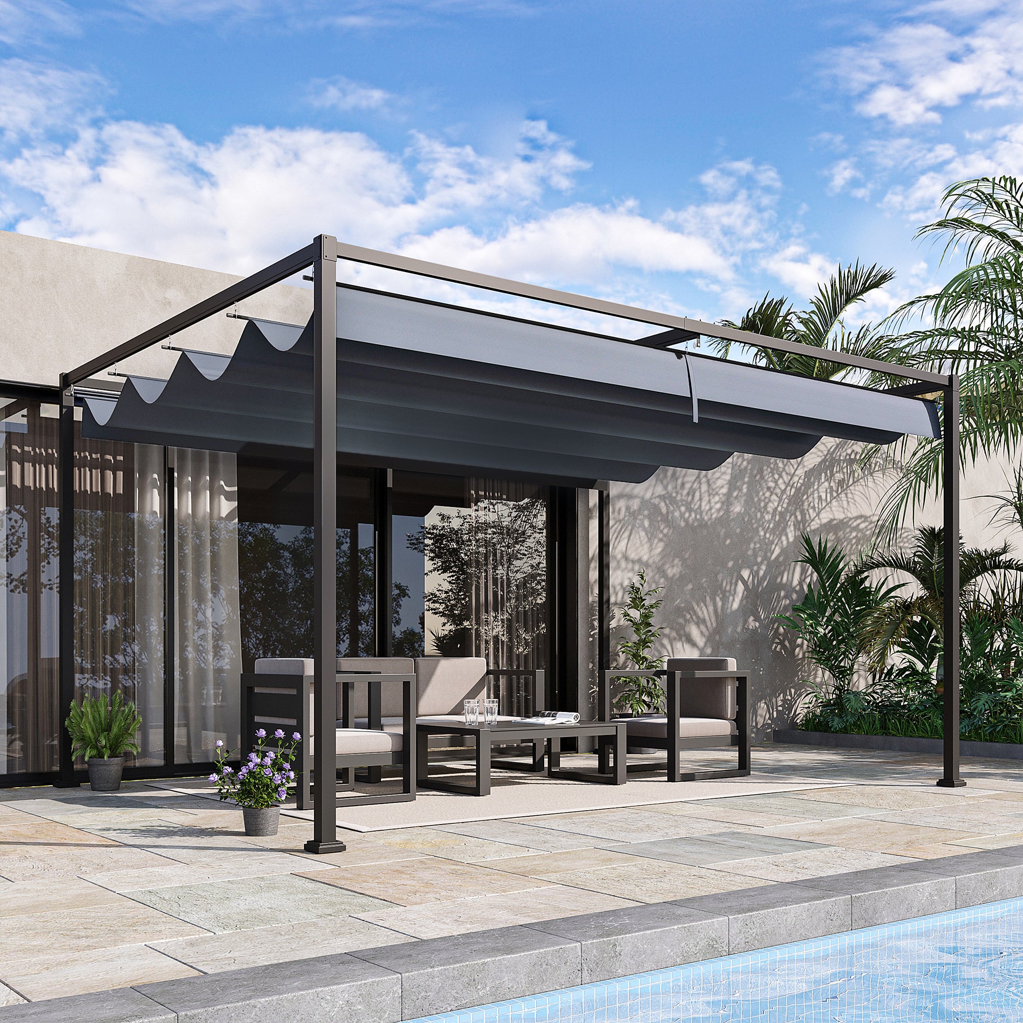 4 x 3m Metal Pergola Gazebo with Retractable Canopy Patio Sun Shelter - Grey