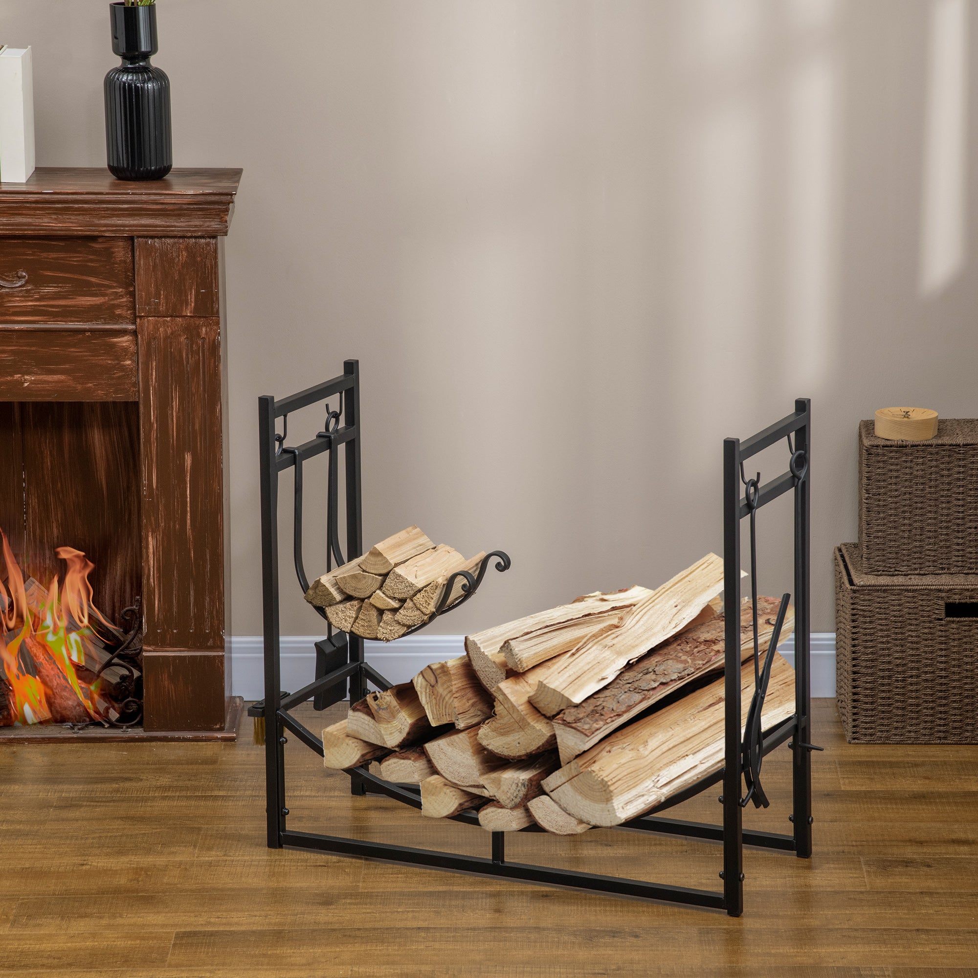 Firewood Stand Log Rack with 4-Piece Fireplace Tool Set - Black Metal