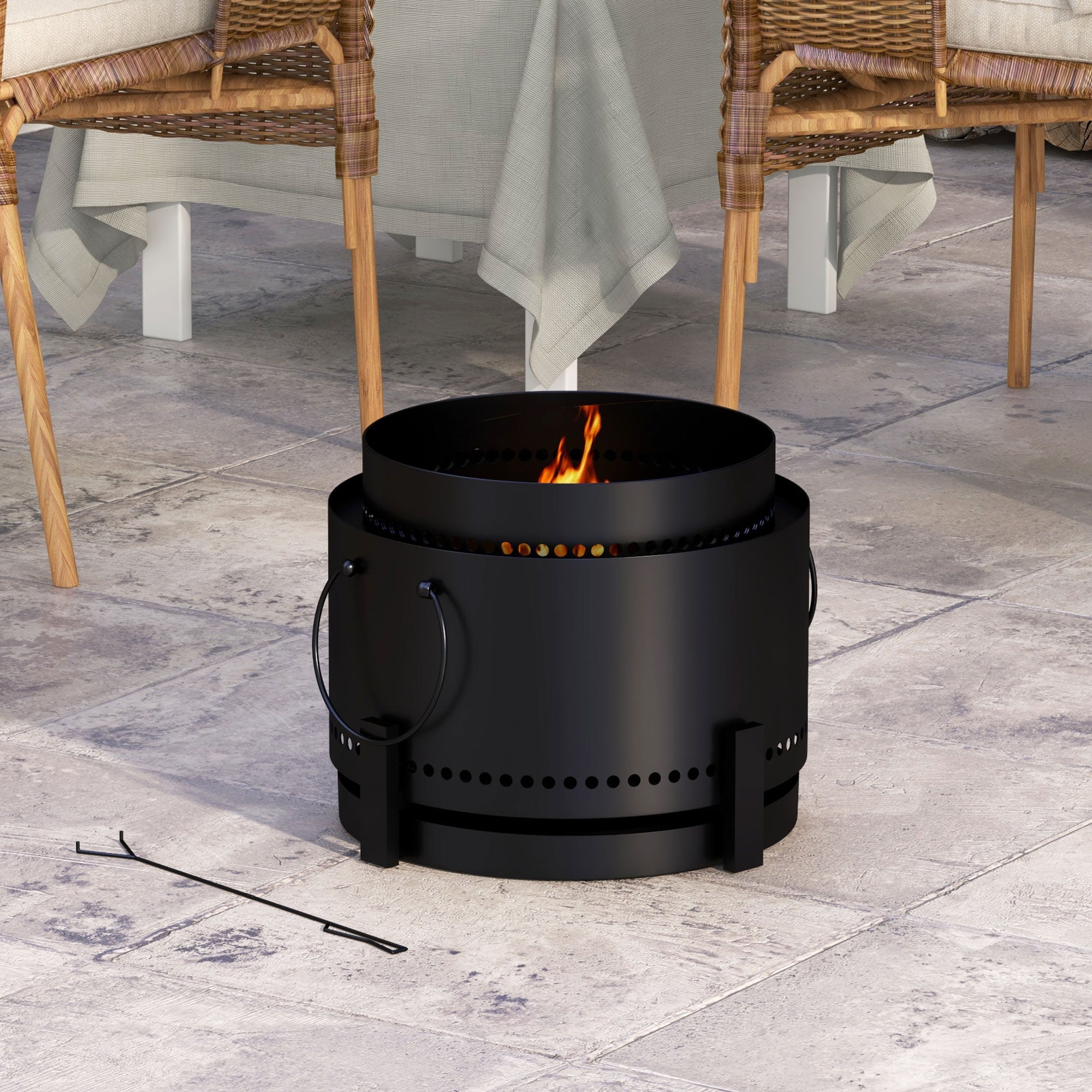 Portable Smokeless Fire Pit with Poker - 37cm Metal Black