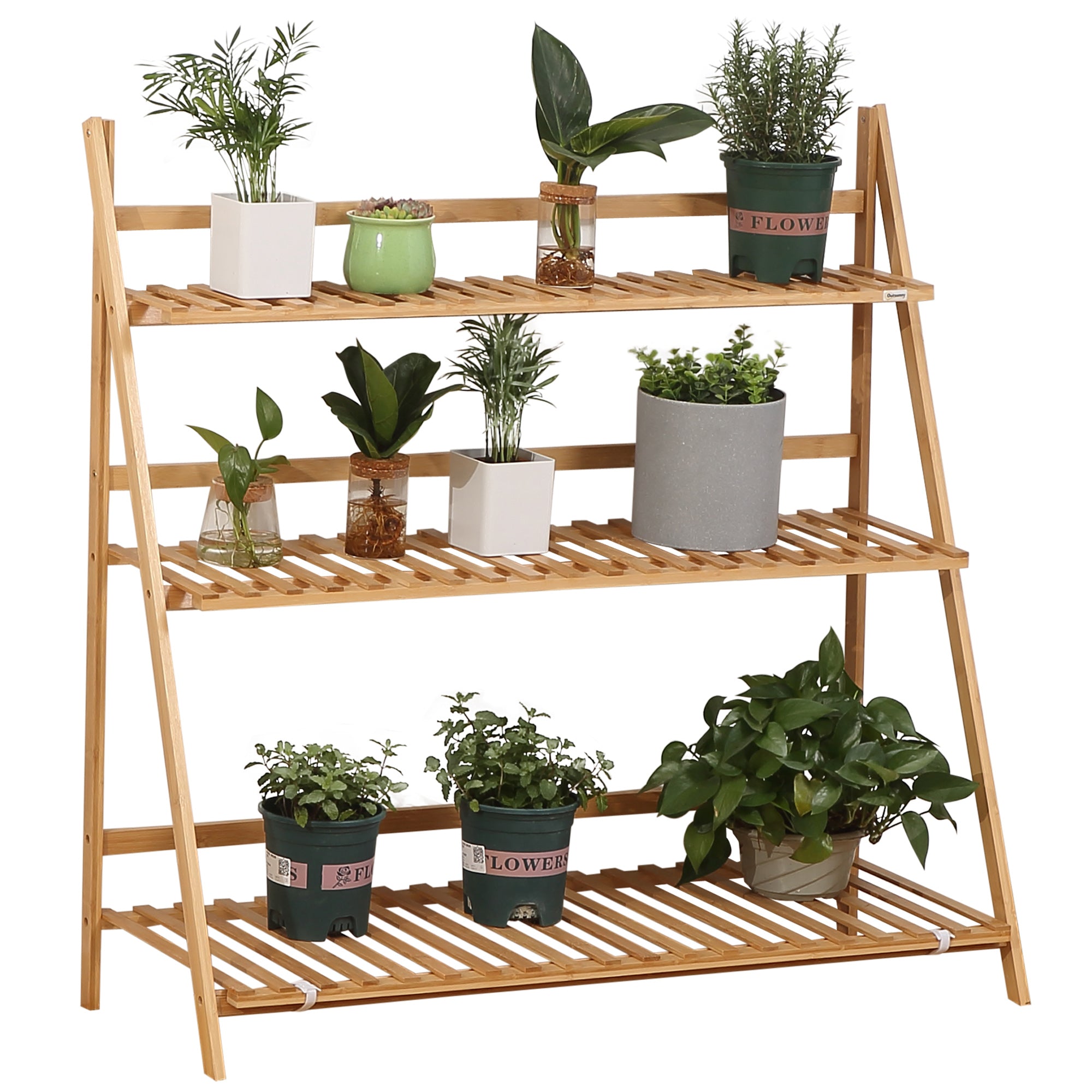 3 Tier Bamboo Plant Stand with Slatted Shelves - Natural