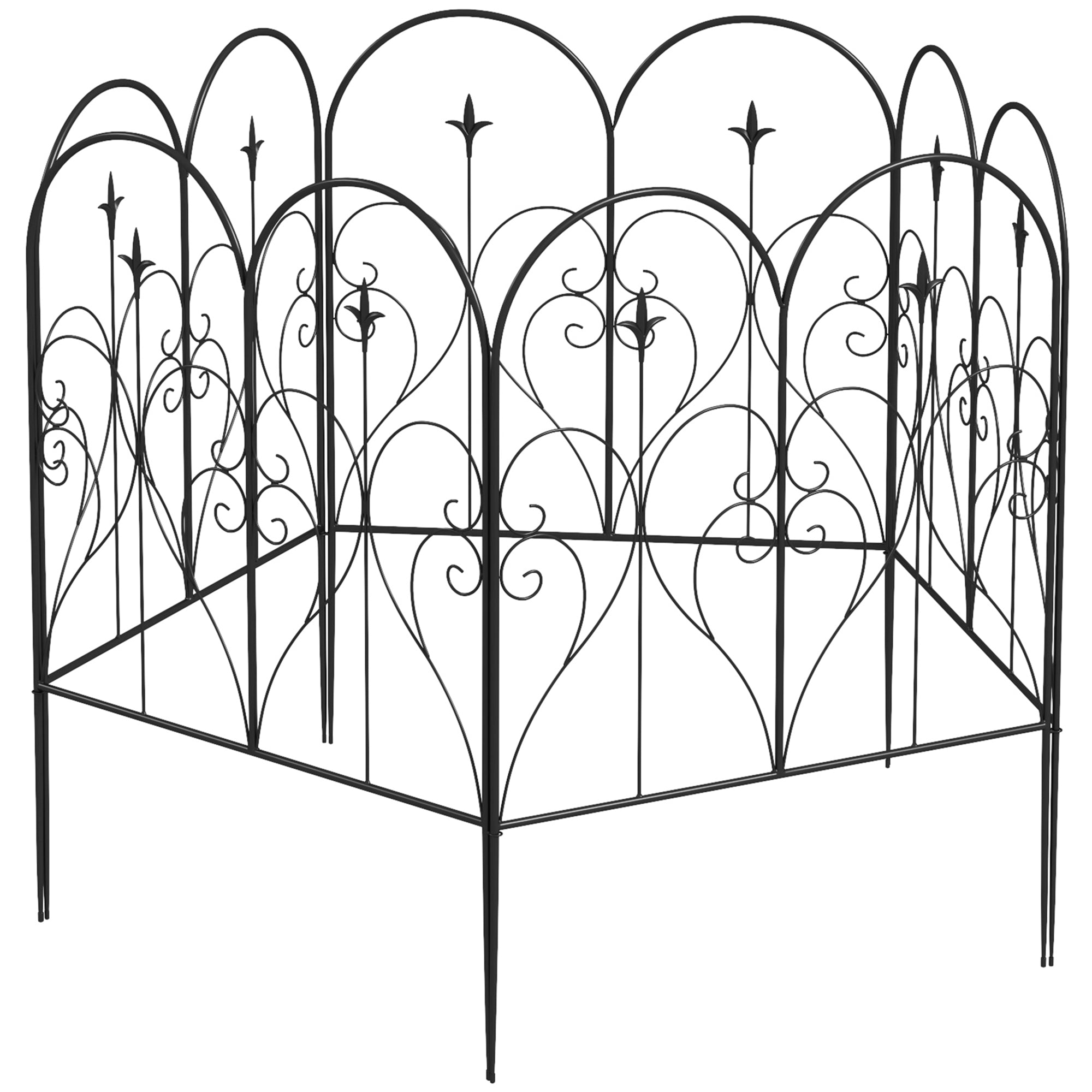 Set of 5 Metal Outdoor Picket Fence Panels with Heart Scrollwork - Black