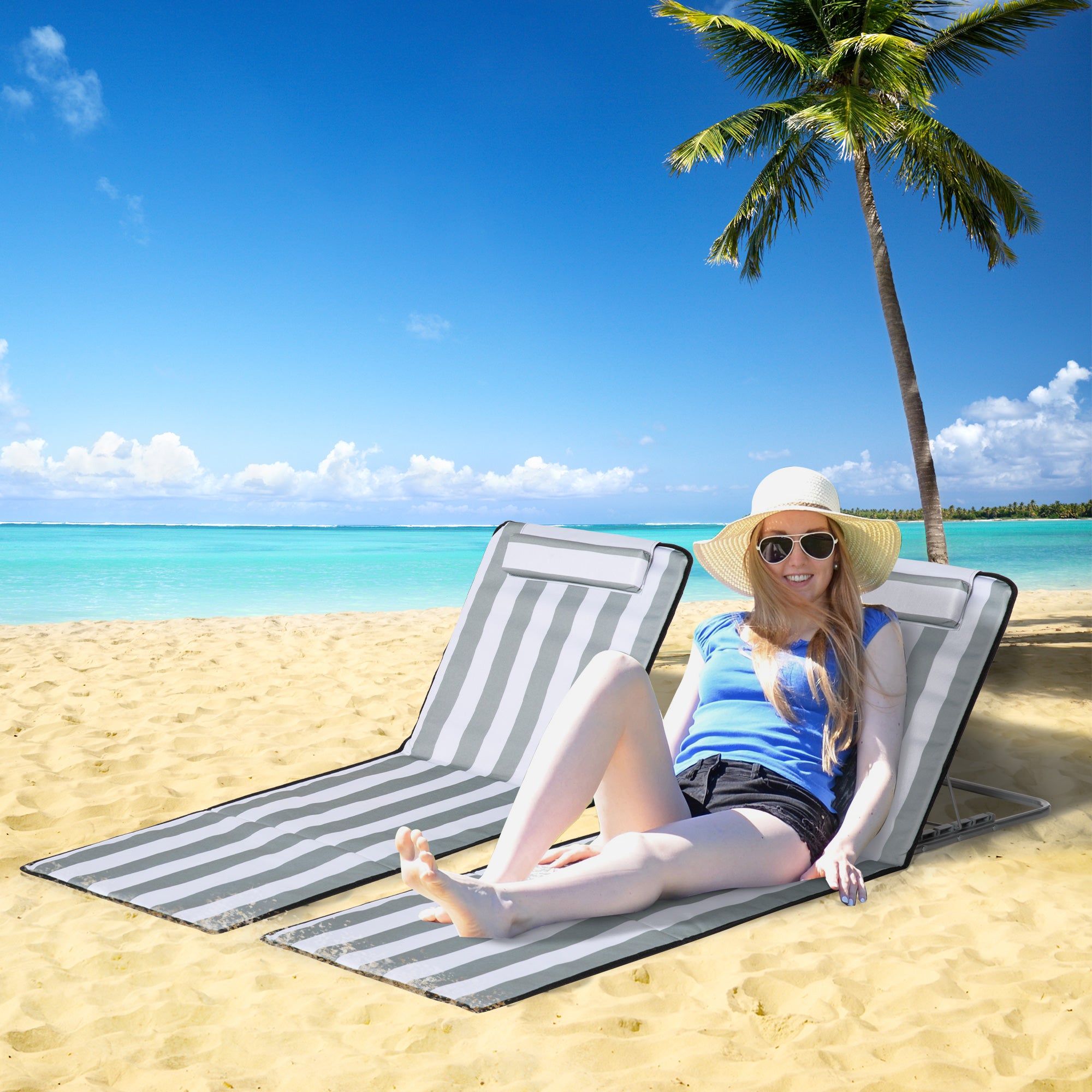 Set of 2 Foldable Garden Beach Chair Mat Lightweight Outdoor Sun Lounger Seats Adjustable Back Metal Frame PE Fabric Head Pillow, Light Grey
