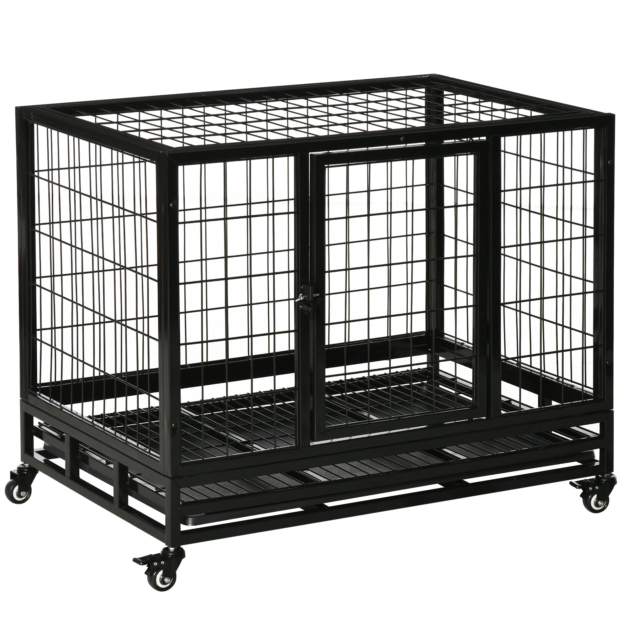 38" Heavy Duty Metal Dog Kennel with Crate Tray and Wheels Medium - Black