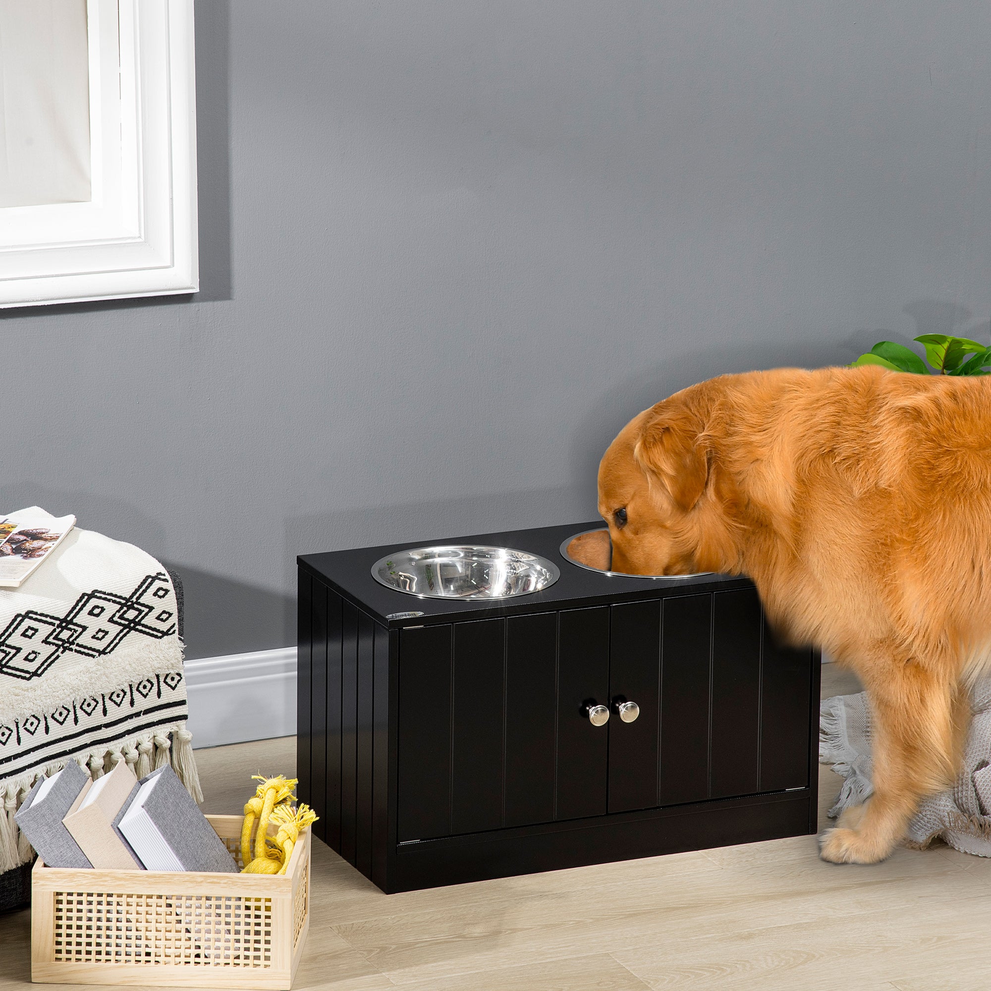 Raised Dog Bowls Feeding Station with Stand, Storage & 2 Stainless Steel Bowls for Large Dogs - Black