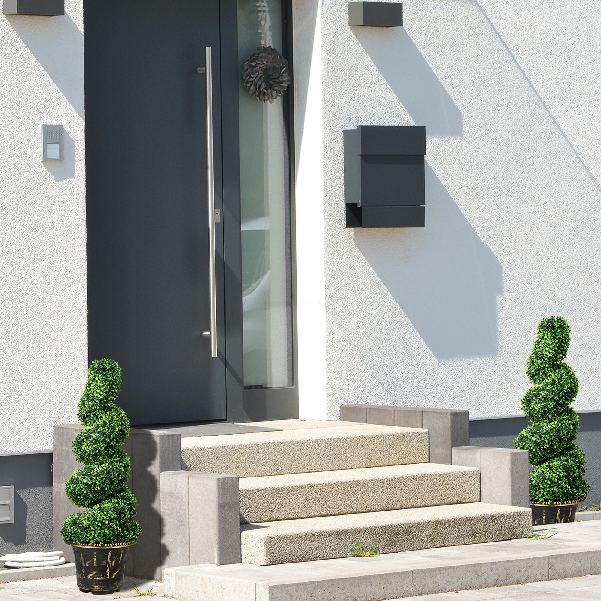 Set of 2 Artificial 90cm Spiral Boxwood Plants with Cement Pots - Green