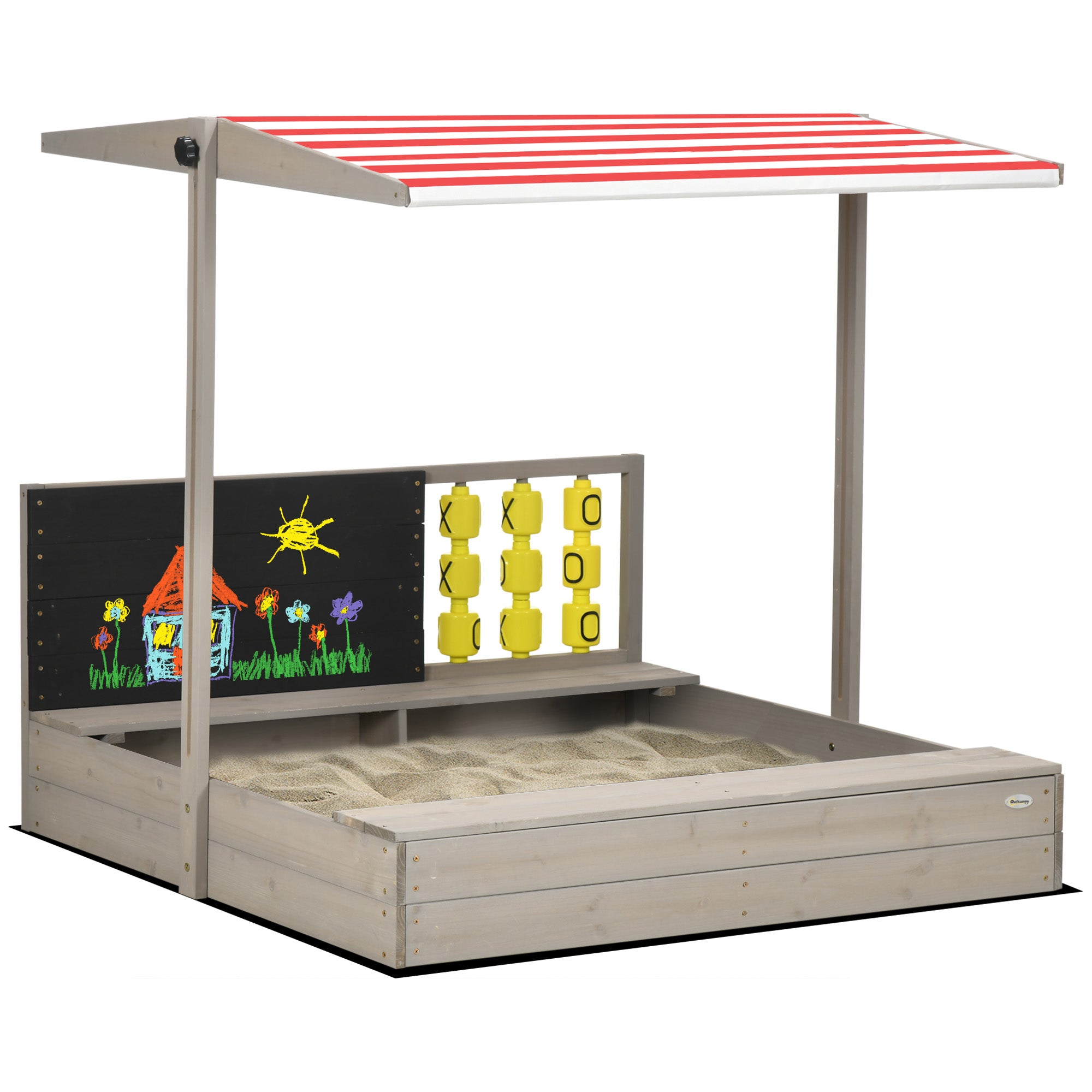 Kids Wooden Sandpit With Adjustable Canopy And Seats - Grey