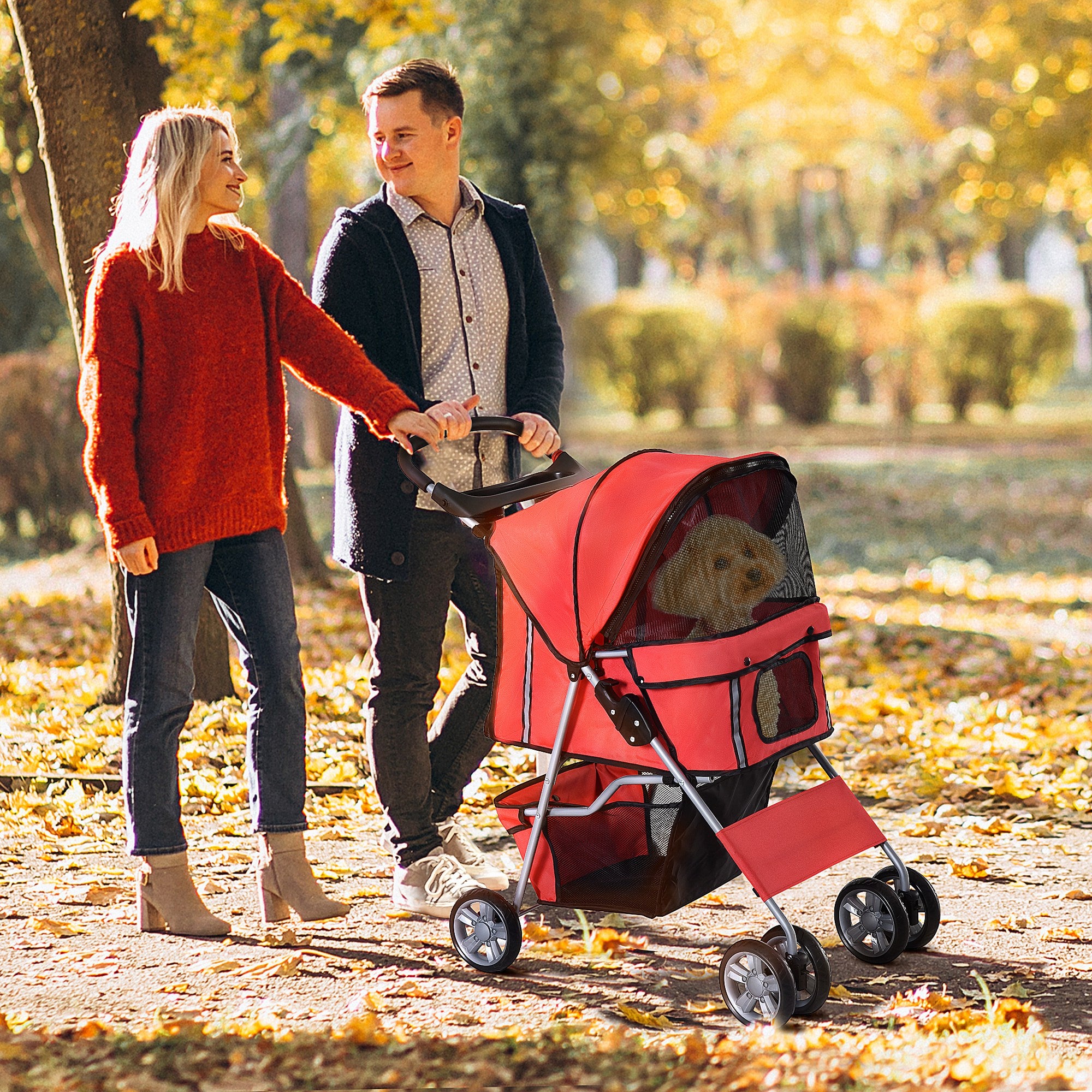 Foldable Pet Stroller Dog Pram with Wheels and Zipper Entry for Small Pets - Red