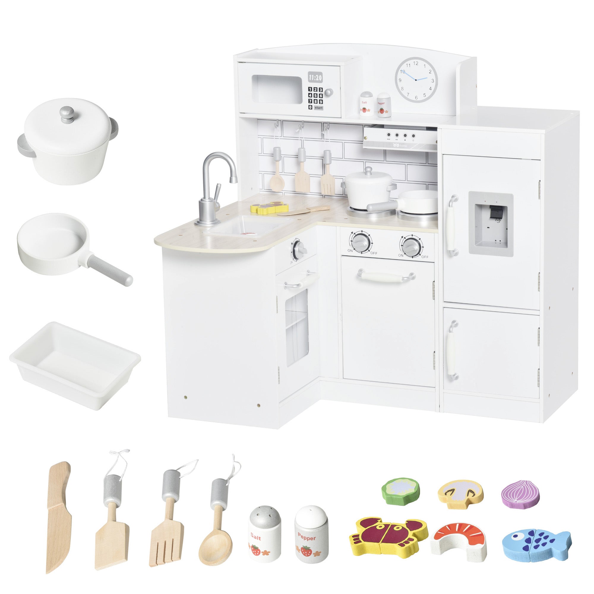 14 Piece Wooden Kids Play Kitchen Set with Fridge and Microwave White