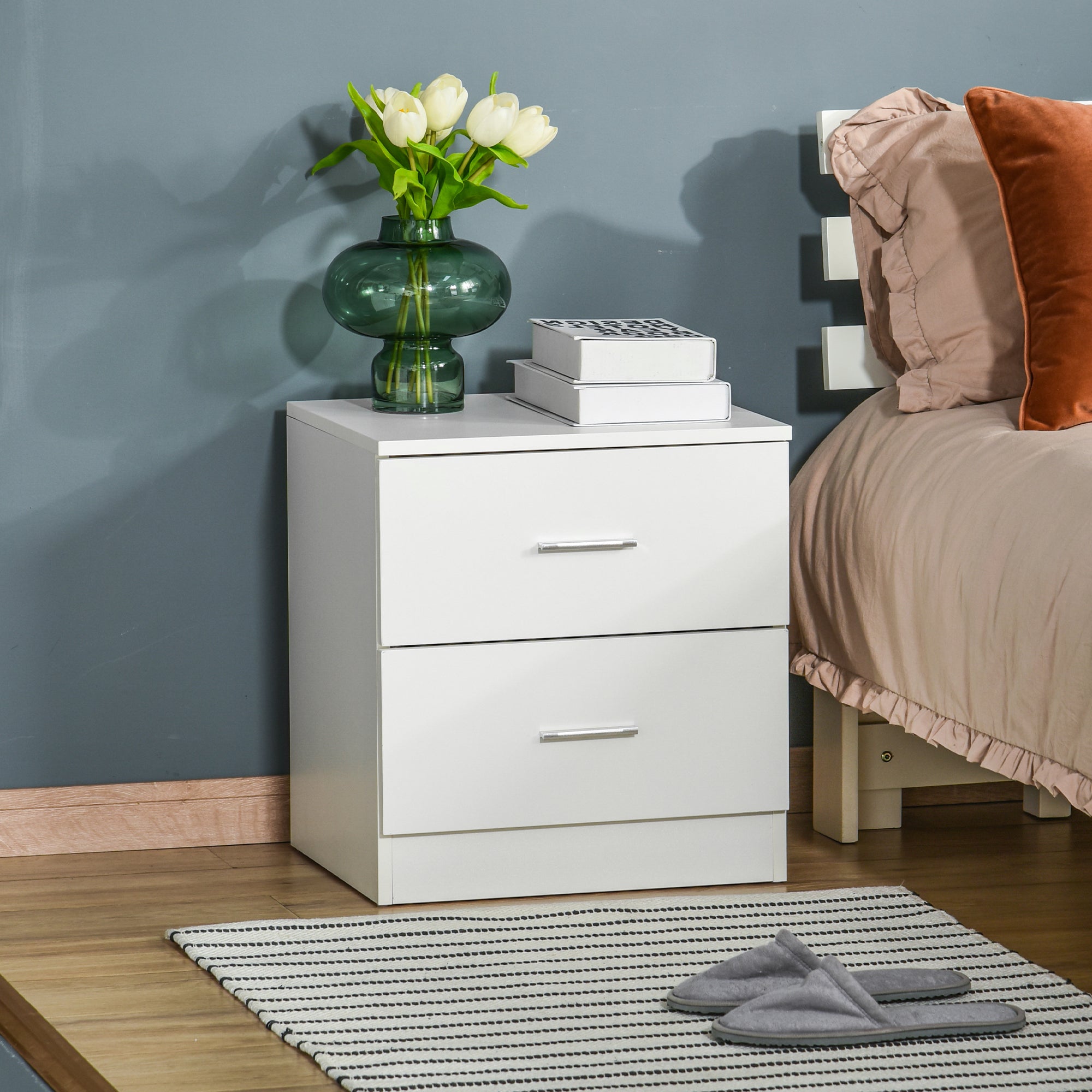 Modern Bedside Table with 2 Drawers for Bedroom and Living Room - White