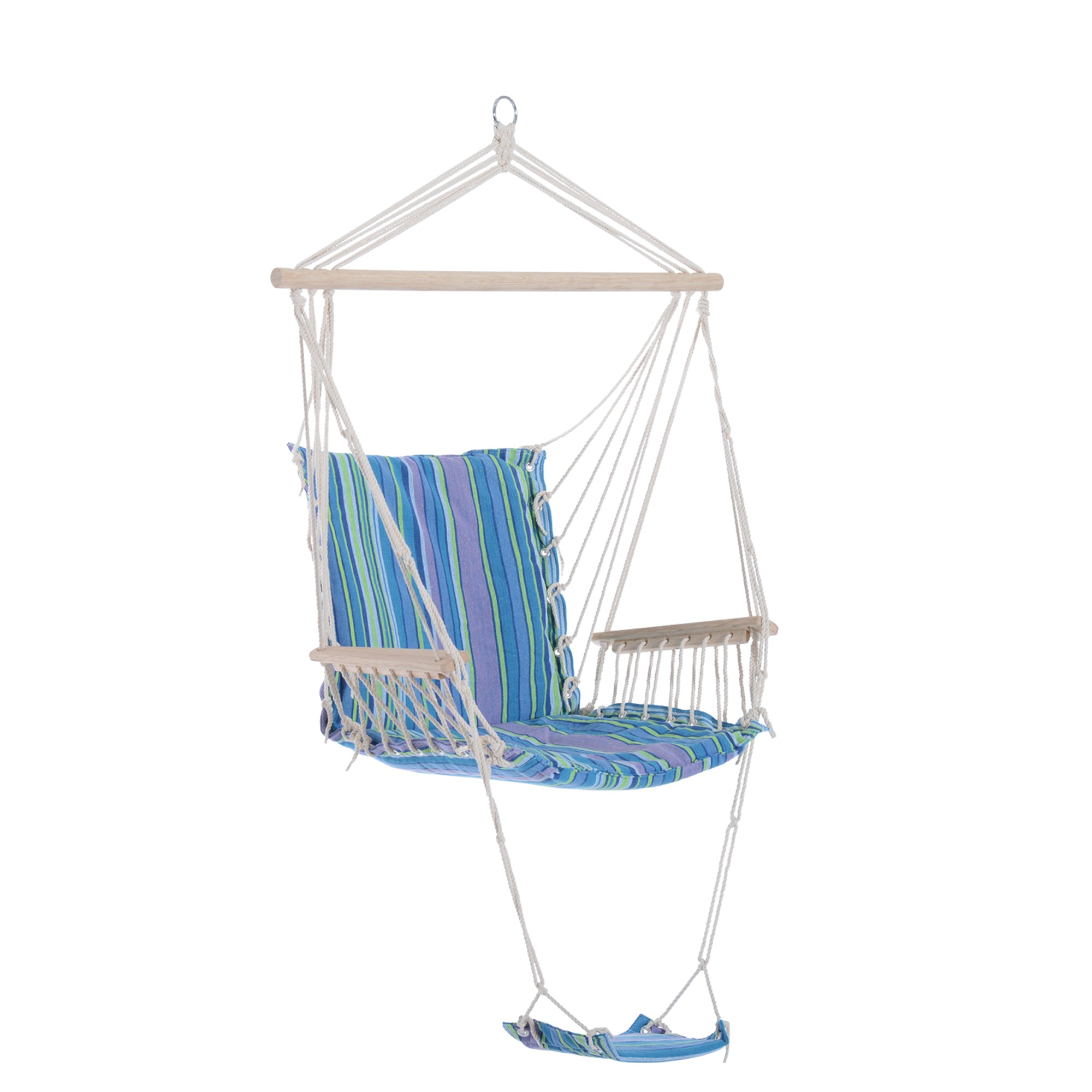 Outdoor Hammock Hanging Rope Chair with Footrest and Armrest - Blue Cotton