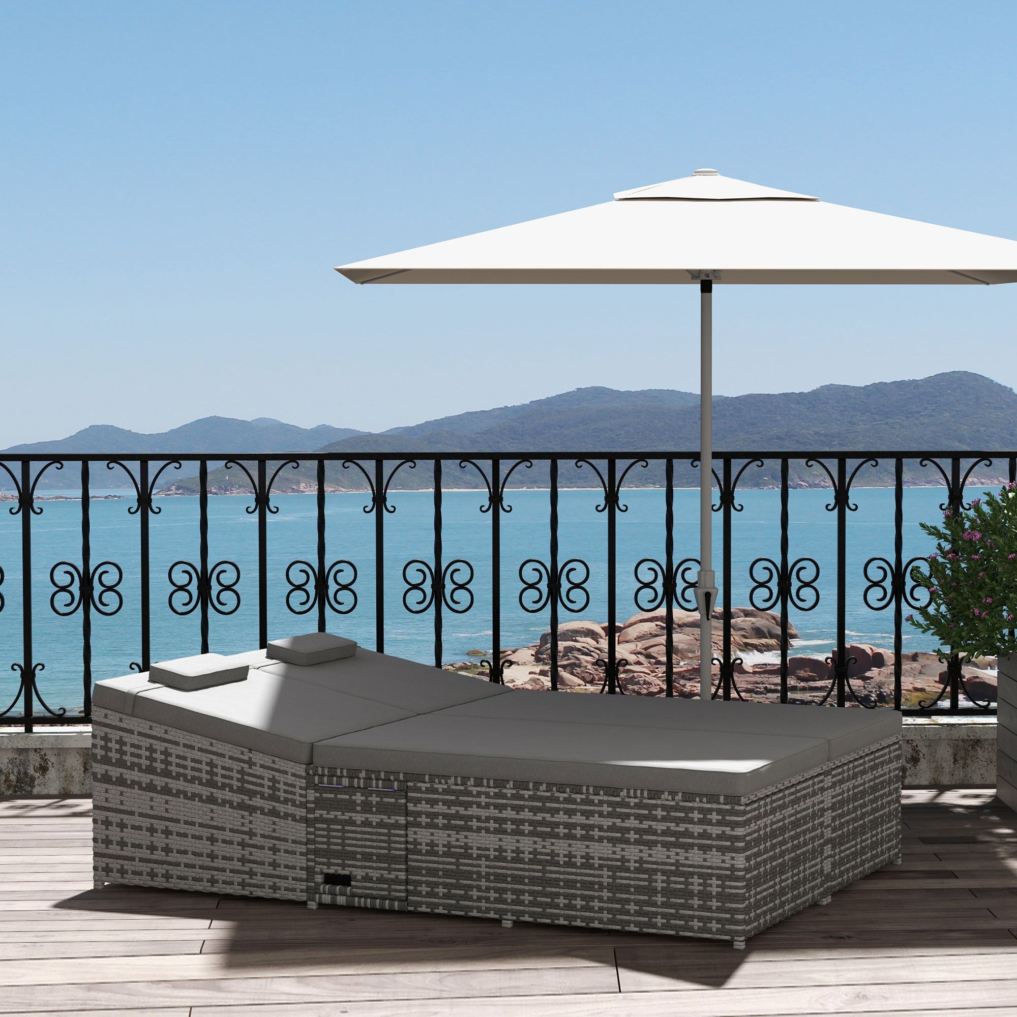 2 Seater Rattan Day Bed with Fire Retardant Cushions - Grey