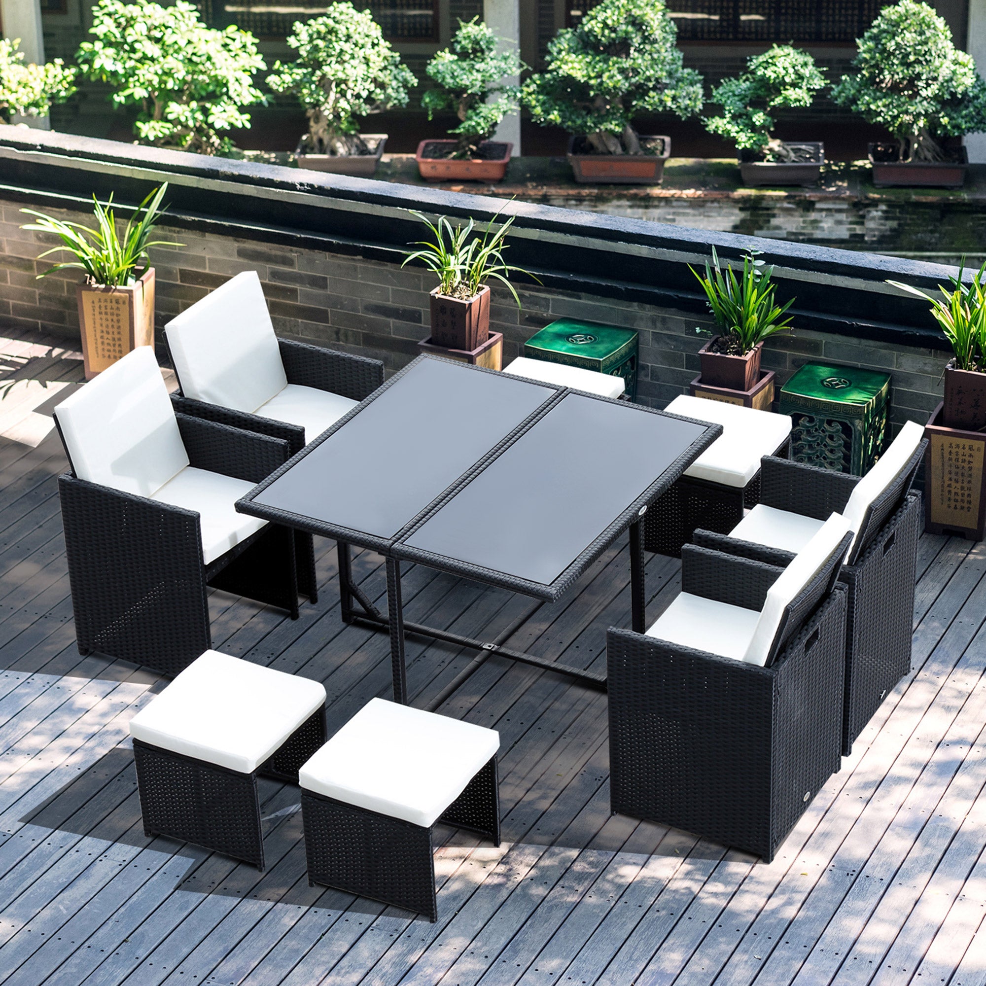9PC Garden Rattan Outdoor Patio Dining Set 8 Seater with Stool - Black