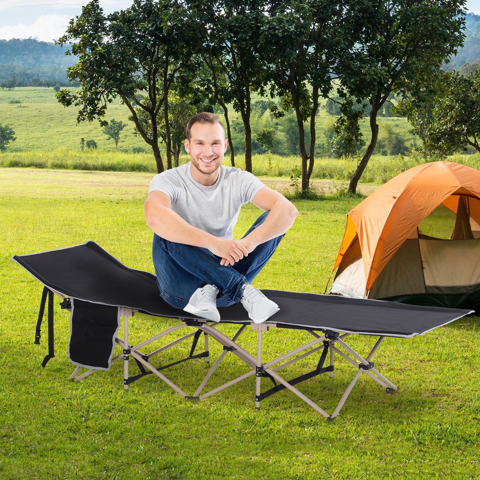 Portable Camping Folding Cot with Steel Frame and Side Pocket - Black