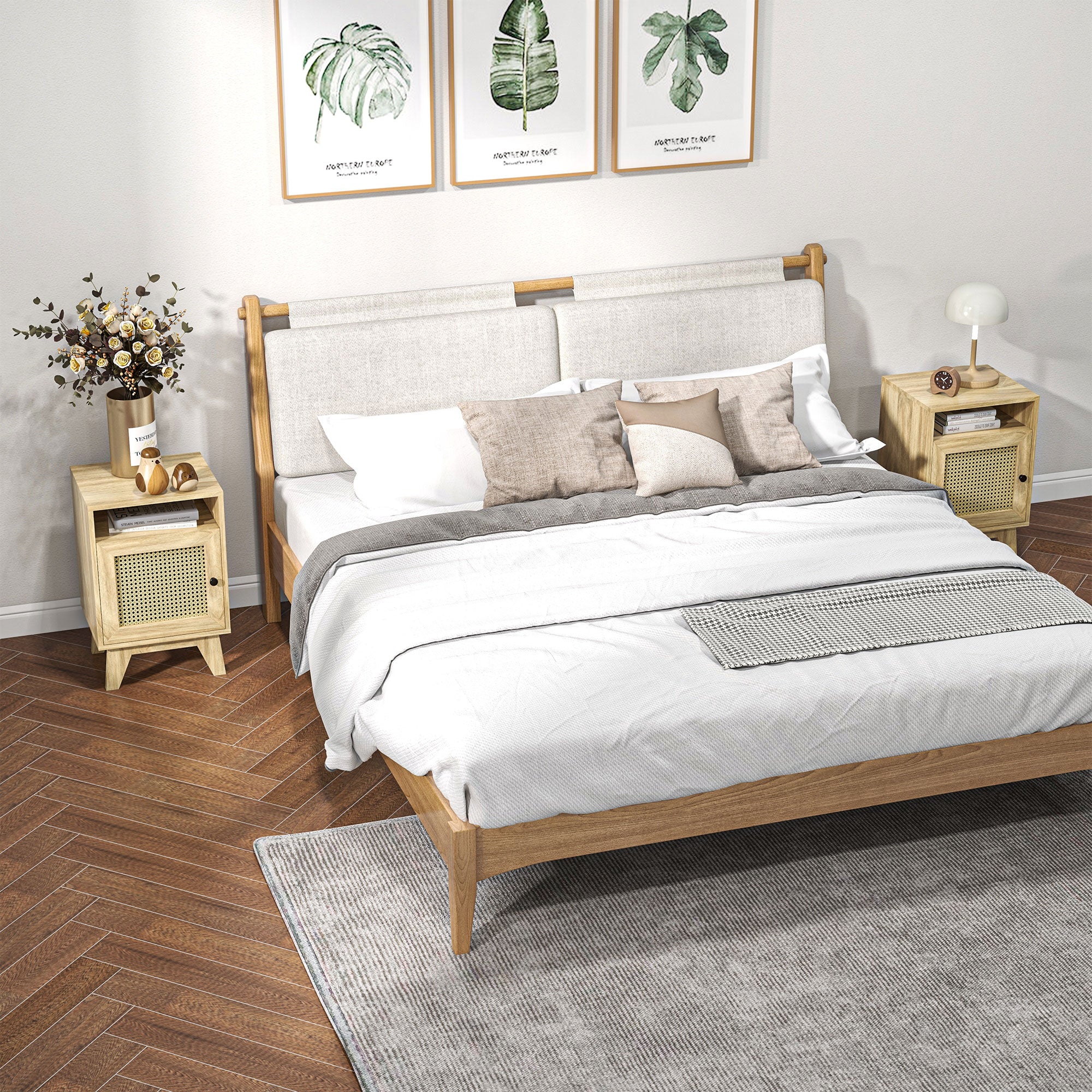 Natural Rattan Bedside Table with Storage Cupboard and Shelf - Brown