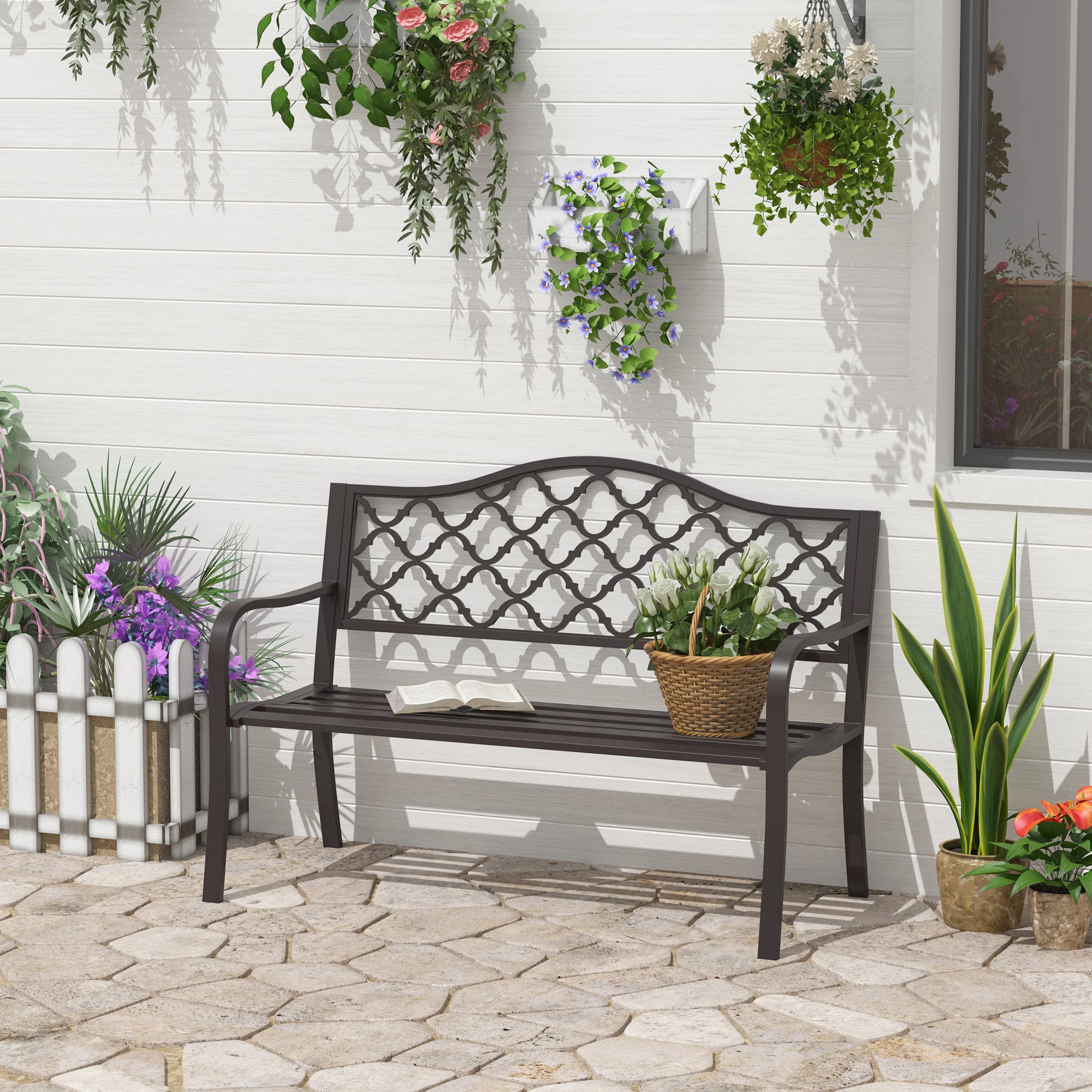 2 Seater Cast Iron Garden Bench with Slatted Seat and Retro Back Pattern - Brown