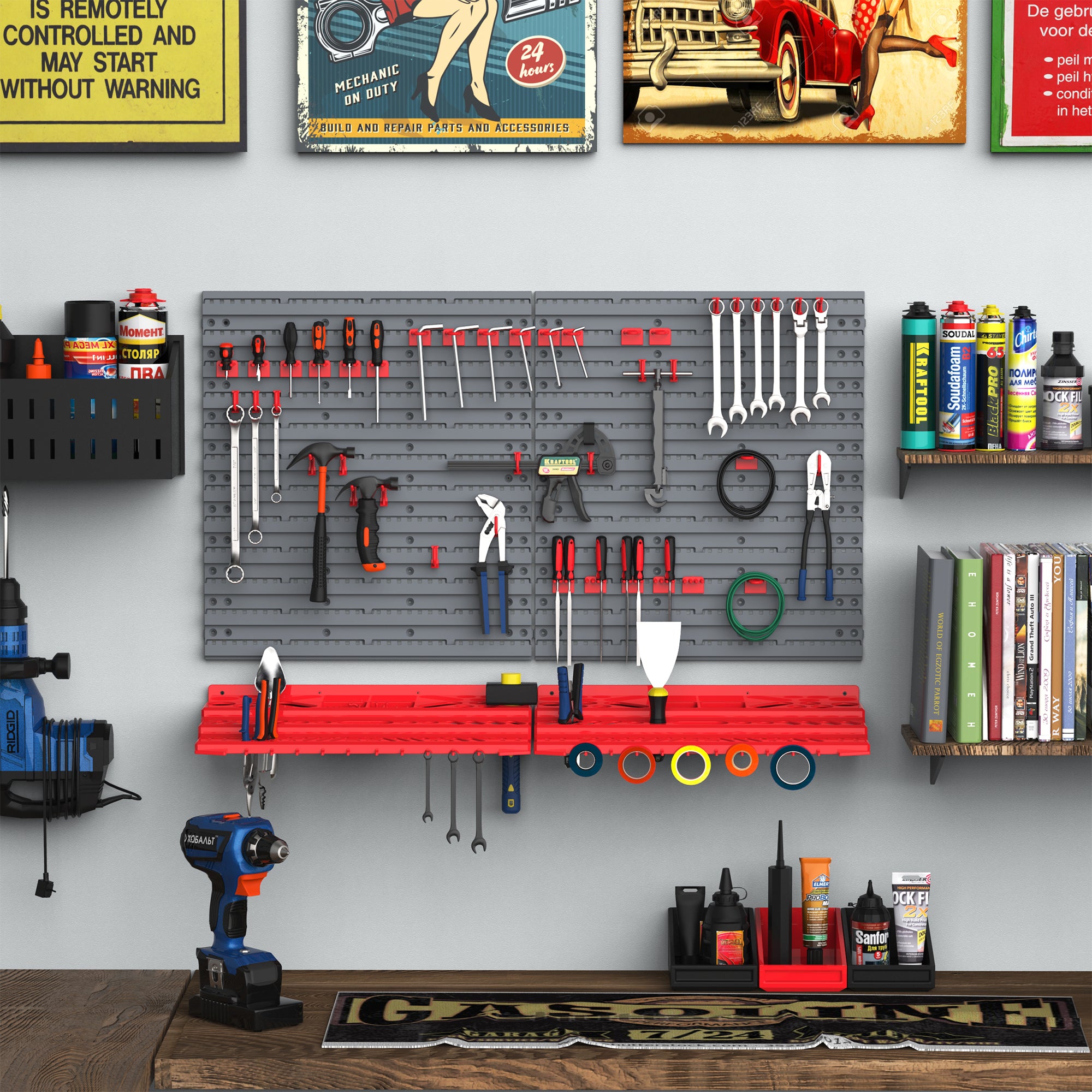 54 Pc On-Wall Tool Organizer with 50 Pegs & 2 Shelves for Garage DIY - Grey and Red