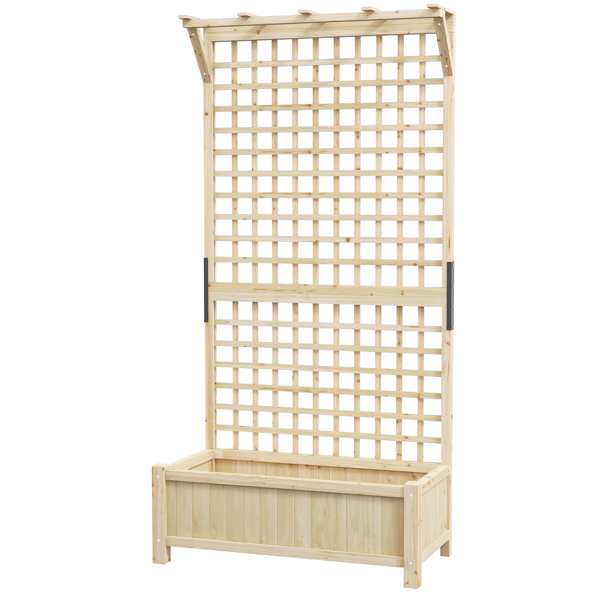 Raised Wooden Garden Bed with Trellis and Drainage Holes - Natural Finish