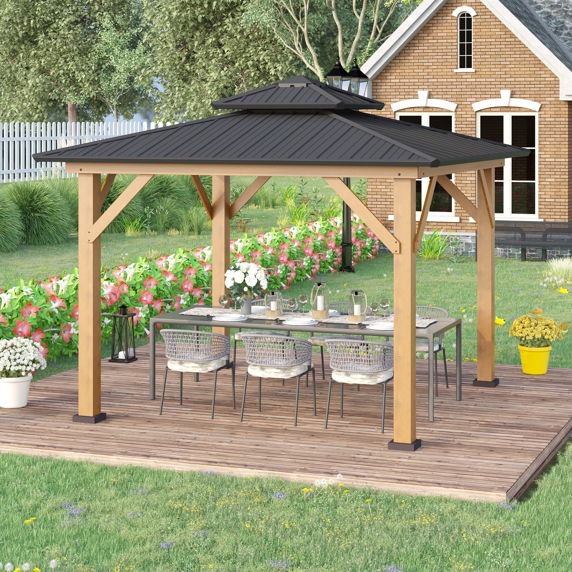 3.5 x 3.5m Outdoor Aluminium Hardtop Gazebo with 2-Tier Roof and Solid Wood Frame - Black