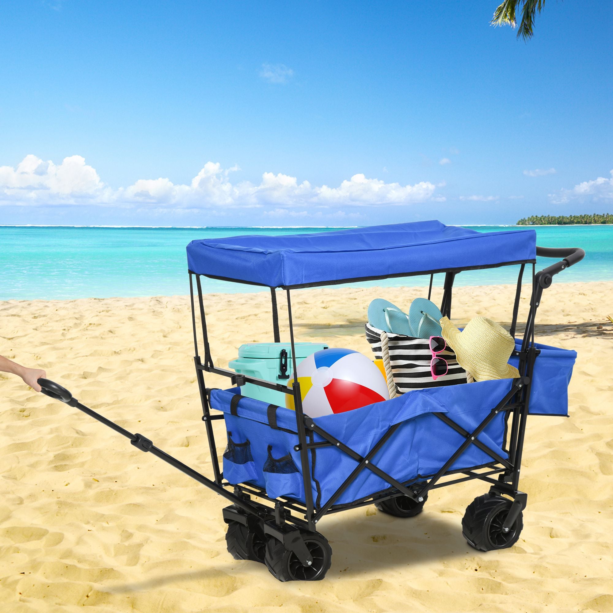 Folding Trolley Cart Storage Wagon Beach Trailer 4 Wheels with Handle Overhead Canopy Cart Push Pull For Shopping Camping Garden - Blue