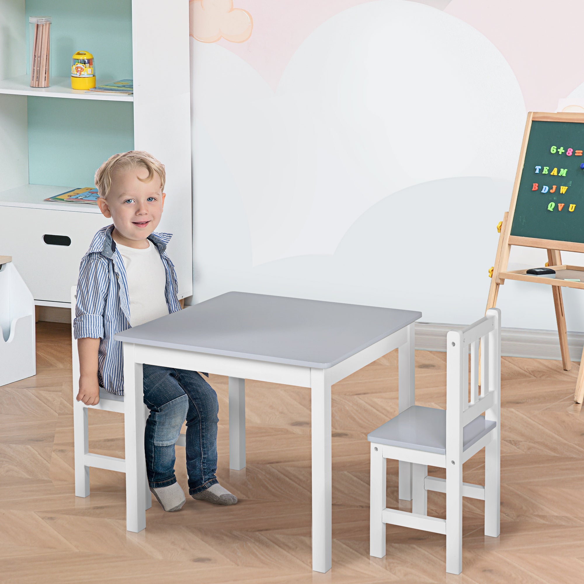 3 Piece Kids Table and Chairs Set Grey Multi-Use Toddler Desk