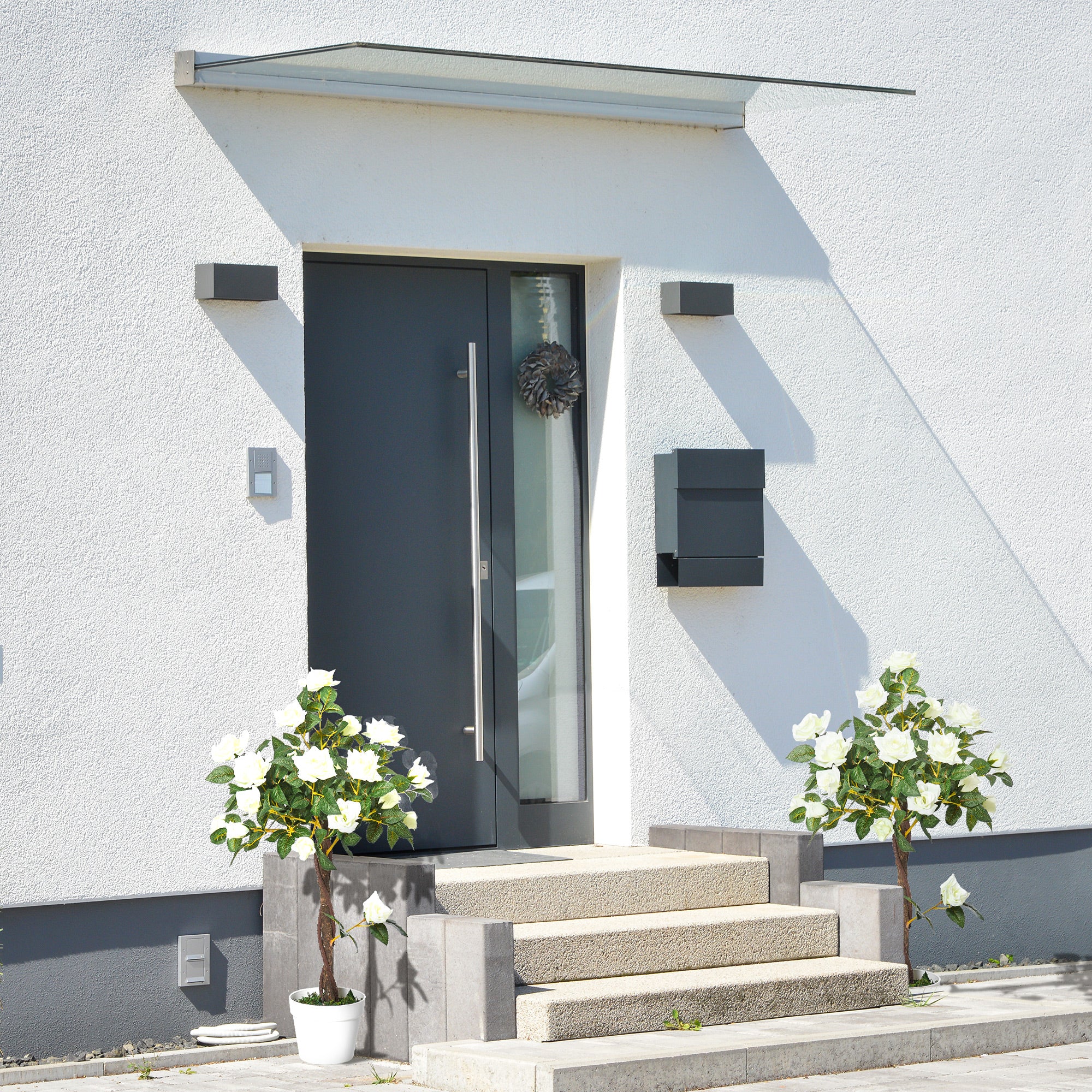 Set of 2 Artificial White Rose Plants in Cement Pots 90cm - White