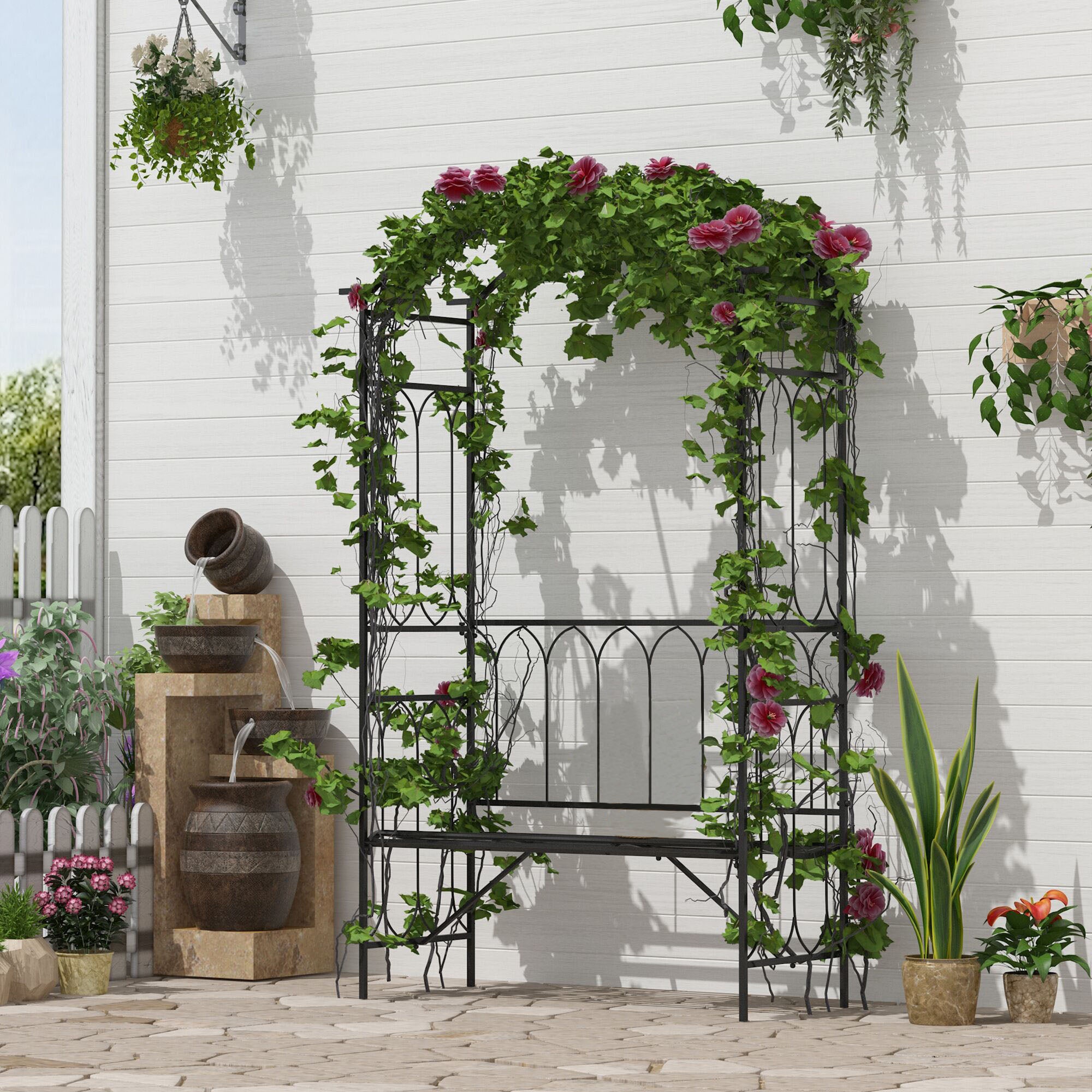 Garden Metal Arch 2-Seater Bench with Rose Trellis for Climbing Plants 115x50x203 cm - Black